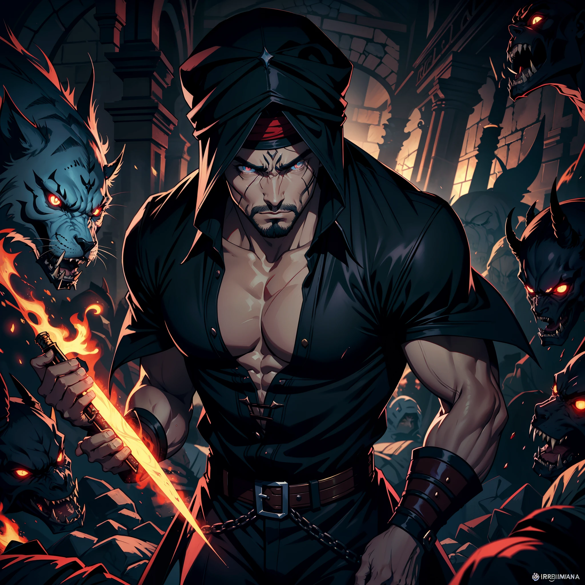 Castlevania, Le Seigneur des Ombres, Bel arabe, Man with Arab muscular face , Turban marocain, Legendary Face, fierce, hyper realistic, super detailed, Marocain, Beau seigneur arabe, muscle, Dracula, Diriger les troupes de Djinns, The Army in Combat, War of Aggression, Giant Demons, Very Scary Legendary, surrounded by demons and demons Very scary