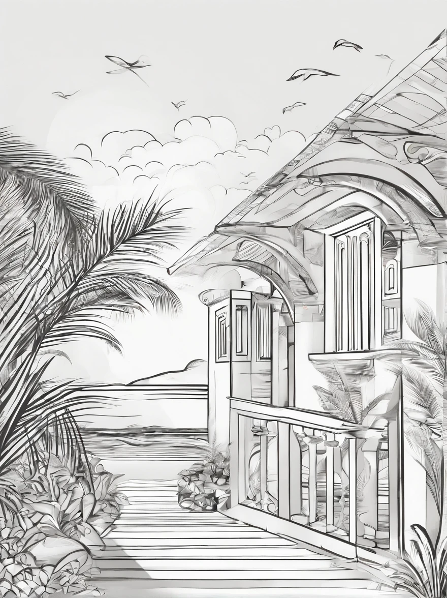 uma pousada na praia, entrada da pousada, pousada bonita, pousada de madeira, quarto da pousadadesenho vetorial, desenho, preto e branco