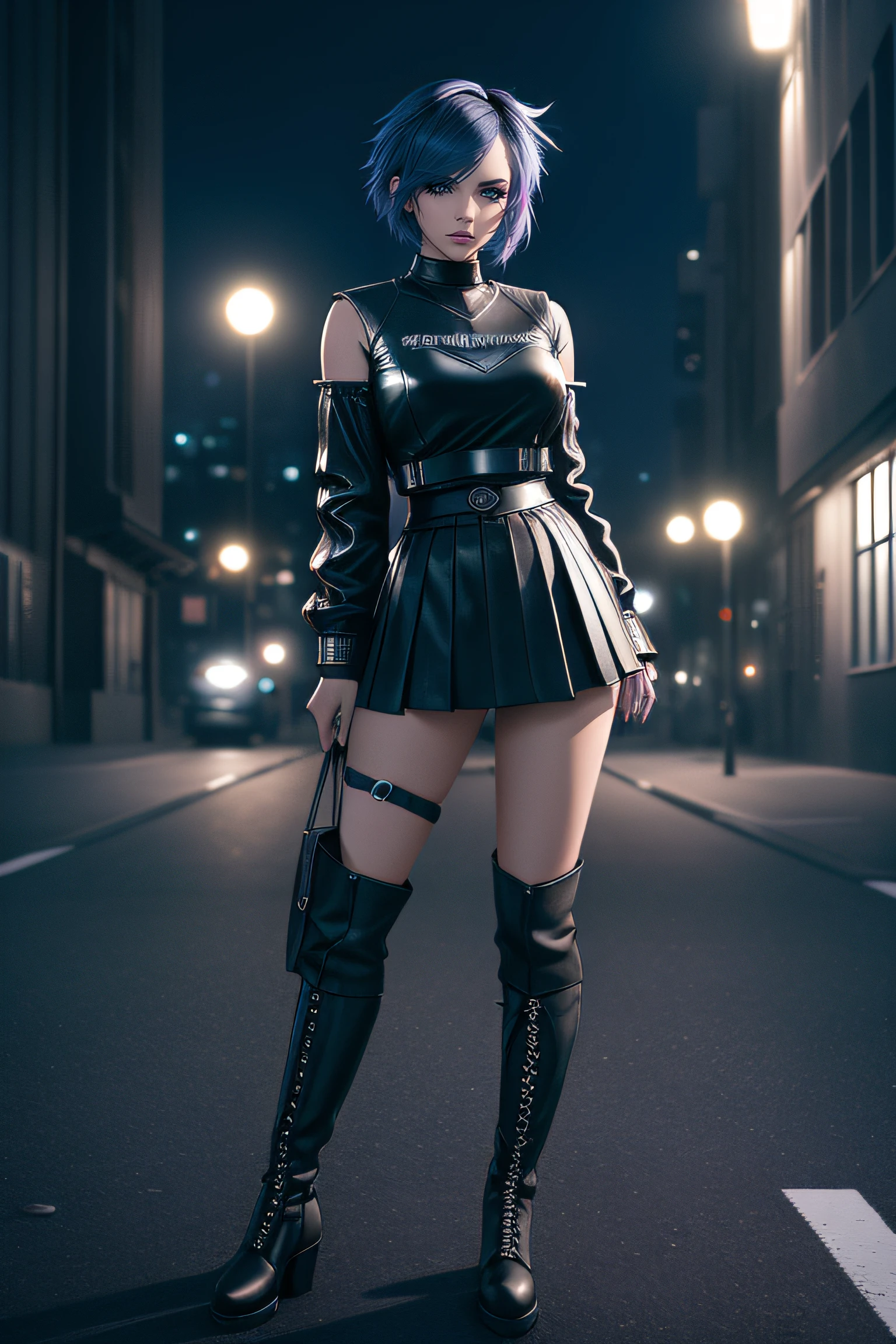 beautiful girl, full body, short bright blue dishevelled hair, black eyeshadow, (street style wear:1.2), ((tight fitted short skirt)), ((knee high leather boots)), (city night background:1.2), dark makeup, digital art, trending on artstation, highly detailed, fine detail, intricate, beautiful detailed glow, detailed, Cinematic light, high-res, detailed facial features, sharp focus, smooth, aesthetic,