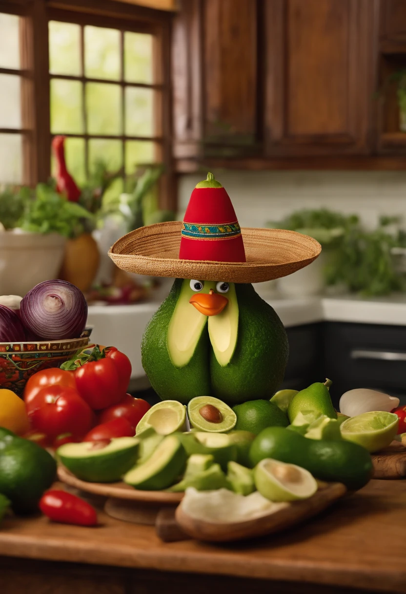 Happy Avacado, wearing mexican sombrero, preparing guacamole in cluttered kitchen, onions, tomato, peppers
