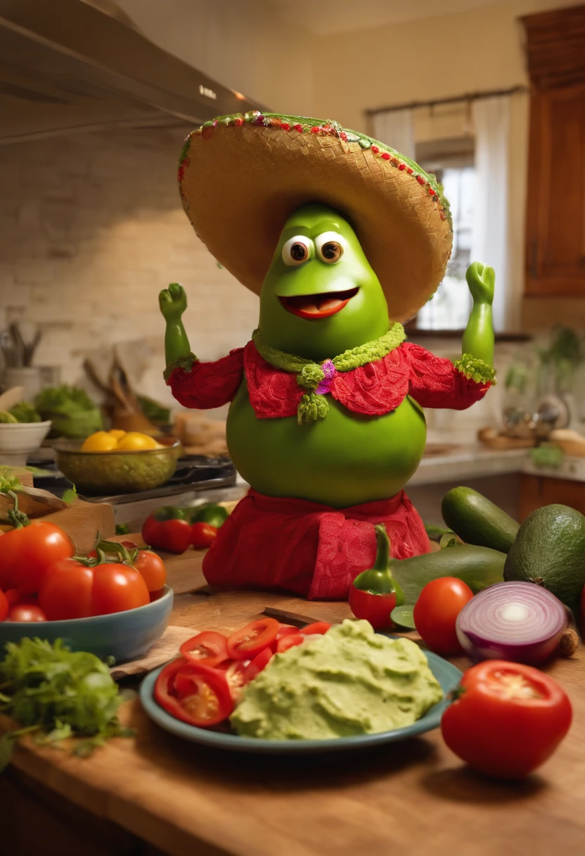 Happy Avacado, wearing mexican sombrero, preparing guacamole in cluttered kitchen, onions, tomato, peppers