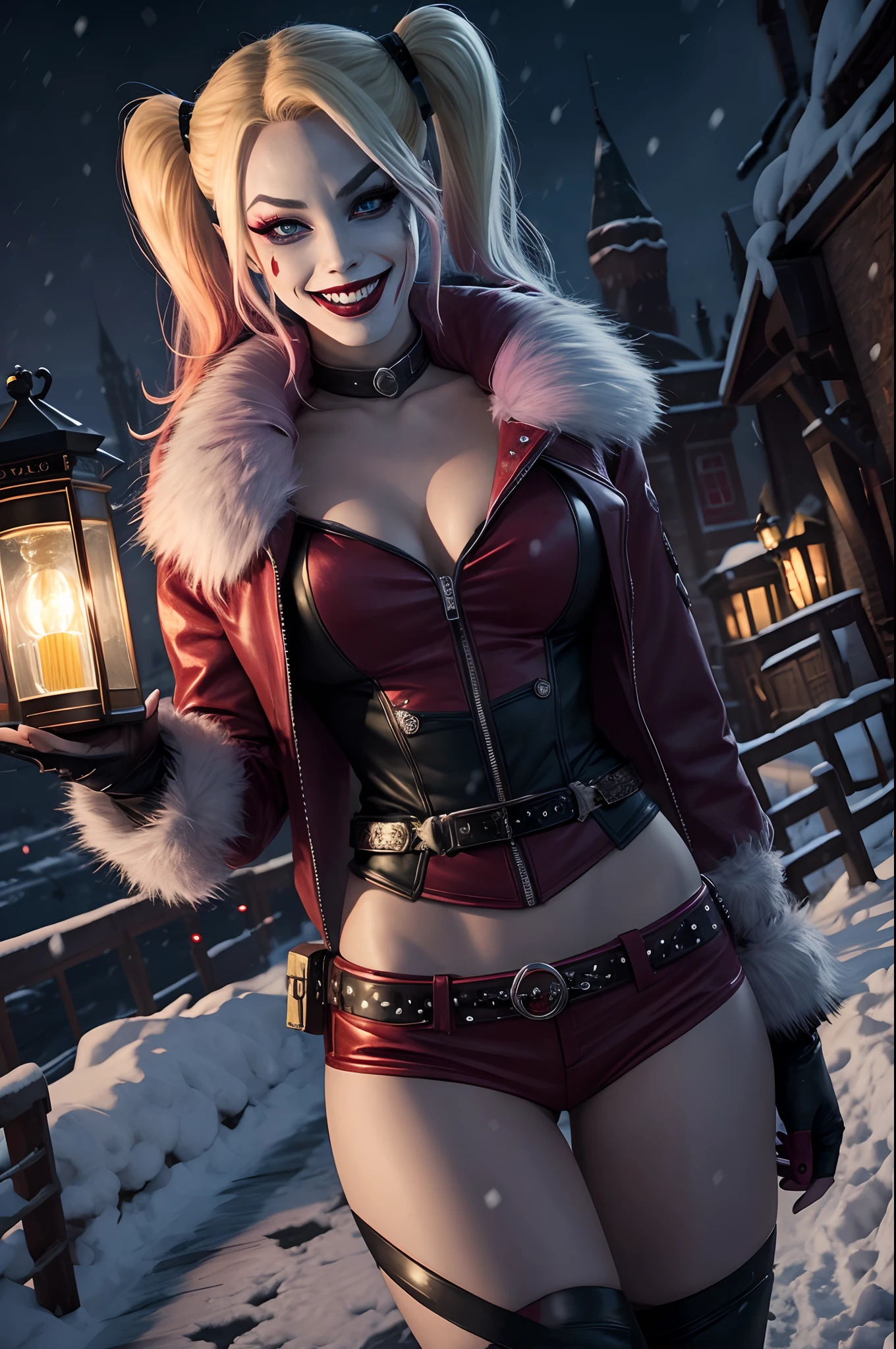 Villain Harley Quinn, long colored hair, Smeared makeup, evil grin, tight costume, fur jacket, Buckle Belt, exteriors, night city, snowing, Lantern light, higly detailed, Realistic full-length photo