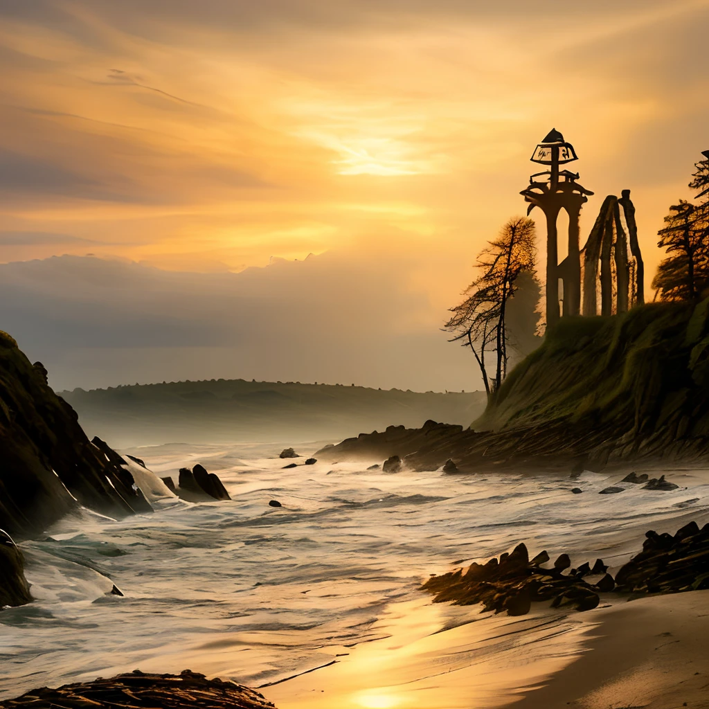 (((masterpiece))), beste-Qualit, Unique design, Stunning sandy beach, The Ruined Tower,, In the distance you can see the forest, Sunset, warm atmosphere
