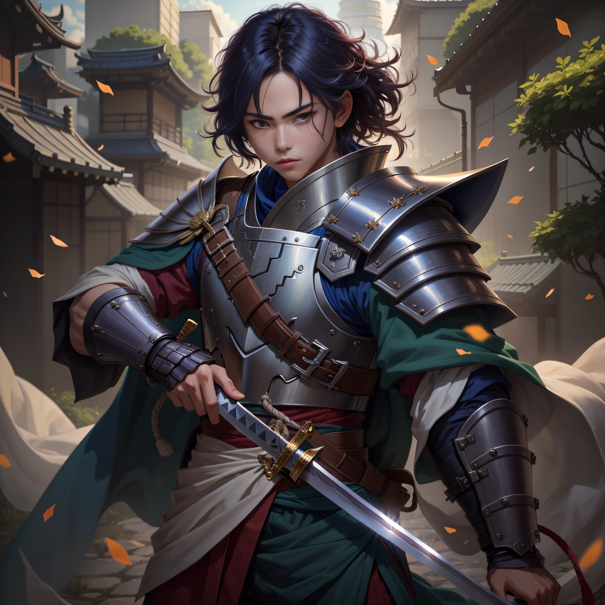 Image of a Japan boy in armor with a sword, (Jaws like the real thing)graphic artist magali villeneuve, Portrait of a boy Demon Slayer, magali villeneuve, by Yang J, chengwei pan on artstation, Portrait Demon Slayer Boy, Pictures of the boy Demon Slayer, Shonen Demon Slayer, inspired by Magali Villeneuve, Boy with a big Japan sword Beautiful expression 超A high resolution