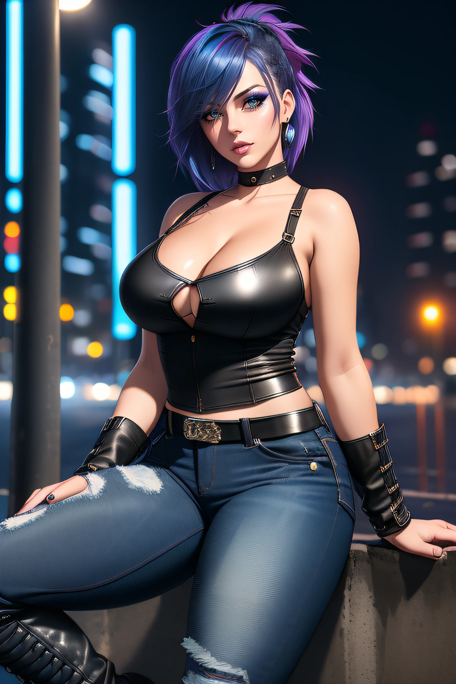 beautiful girl, full body, short bright blue dishevelled hair, black eyeshadow, (street style wear:1.2), ((tight fitted denim jeans)), ((knee high leather boots)), (deep cleavage), (city night background:1.2), dark makeup, digital art, trending on artstation, highly detailed, fine detail, intricate,  beautiful detailed glow, detailed, Cinematic light, high-res, detailed facial features, sharp focus, smooth, aesthetic,