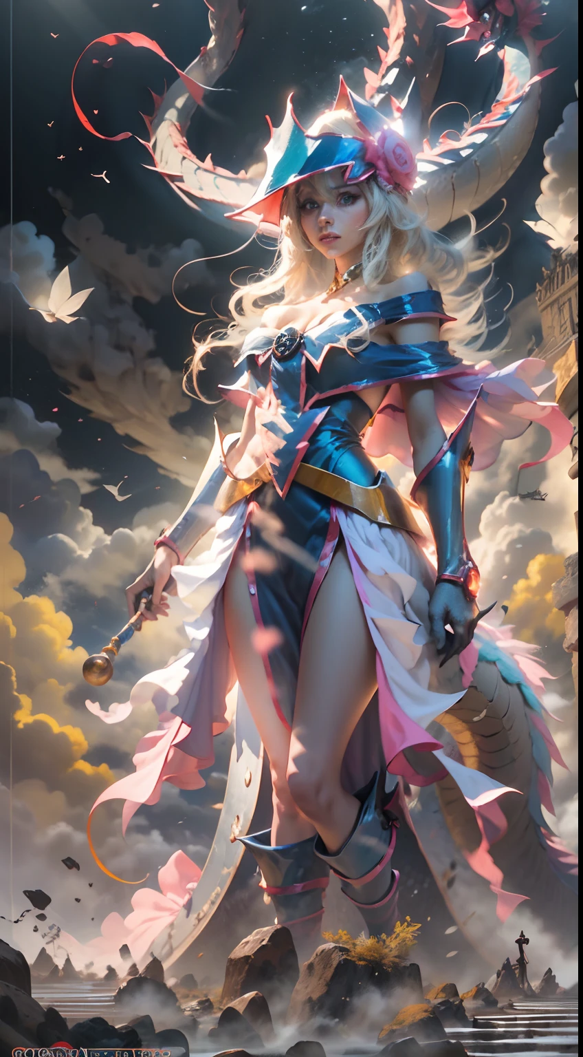 The Chinese White Divine Dragon rose into the air,(Dark Mage manipulates the dragon:1.3),(La chica maga oscura se pone de pie:1.3),pose de batalla. Lanzando echizos 1.4 Las nubes del cielo rodean los alrededores,magia de luz,fantastic background,Significado de fondo,Ridiculous background,There are artistic overlays,cabello rubio, surrealismo, cinematic lighting, Trazado de rayos, Luz de Dios, Speed Line, view angle, hiper HD, obra maestra, La mejor calidad, Super detail, A high resolution, alta calidad,(vista lejana:1.3)