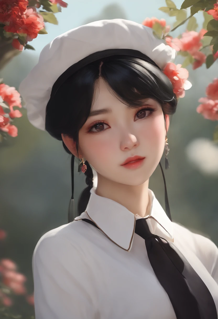 black hair, twin_braid, white beret, white shirt, flower necktie, naked , bancon, asian face. nice body