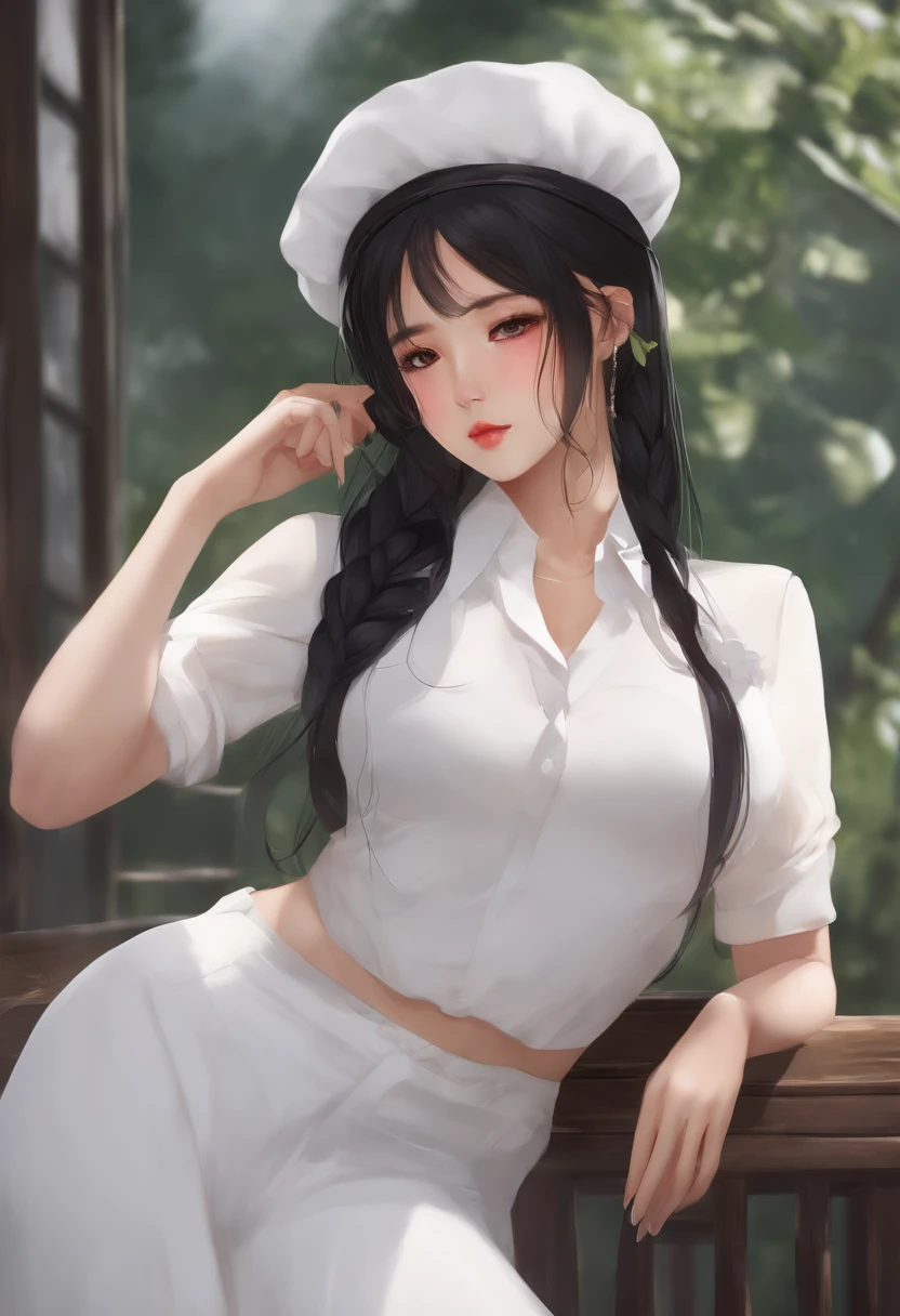 black hair, twin_braid, white beret, white shirt, flower necktie, naked , bancon, asian face. nice body