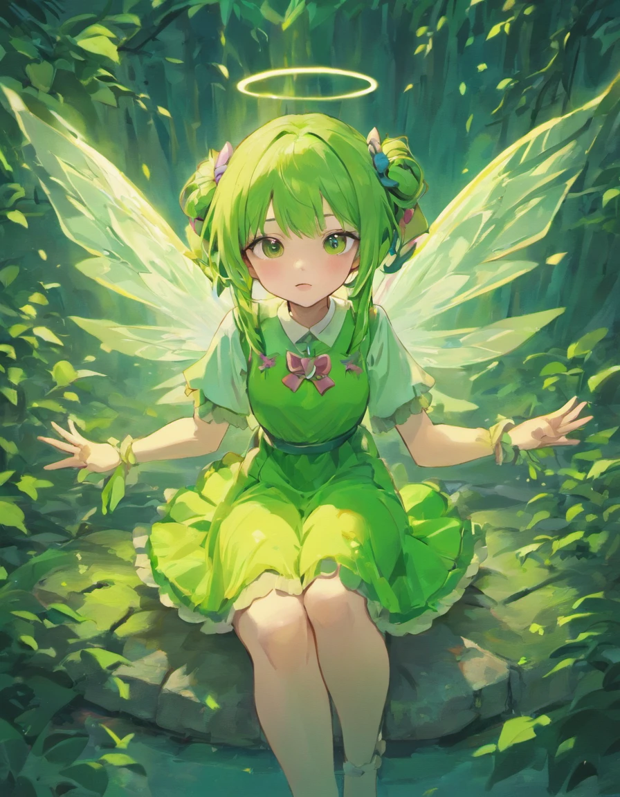 sit pose on rock, good anatomy, ultra detailed illustration of cute anime fairy girl, Oneesan, wearing small cute green dress, pigtails long hair, pink hair color, soft green fairy wing on back, MSchiffer, manga, anime, ager, round figures, ink lines, kawaii style, green forest background, kawaii faces, (short dress:1.1)