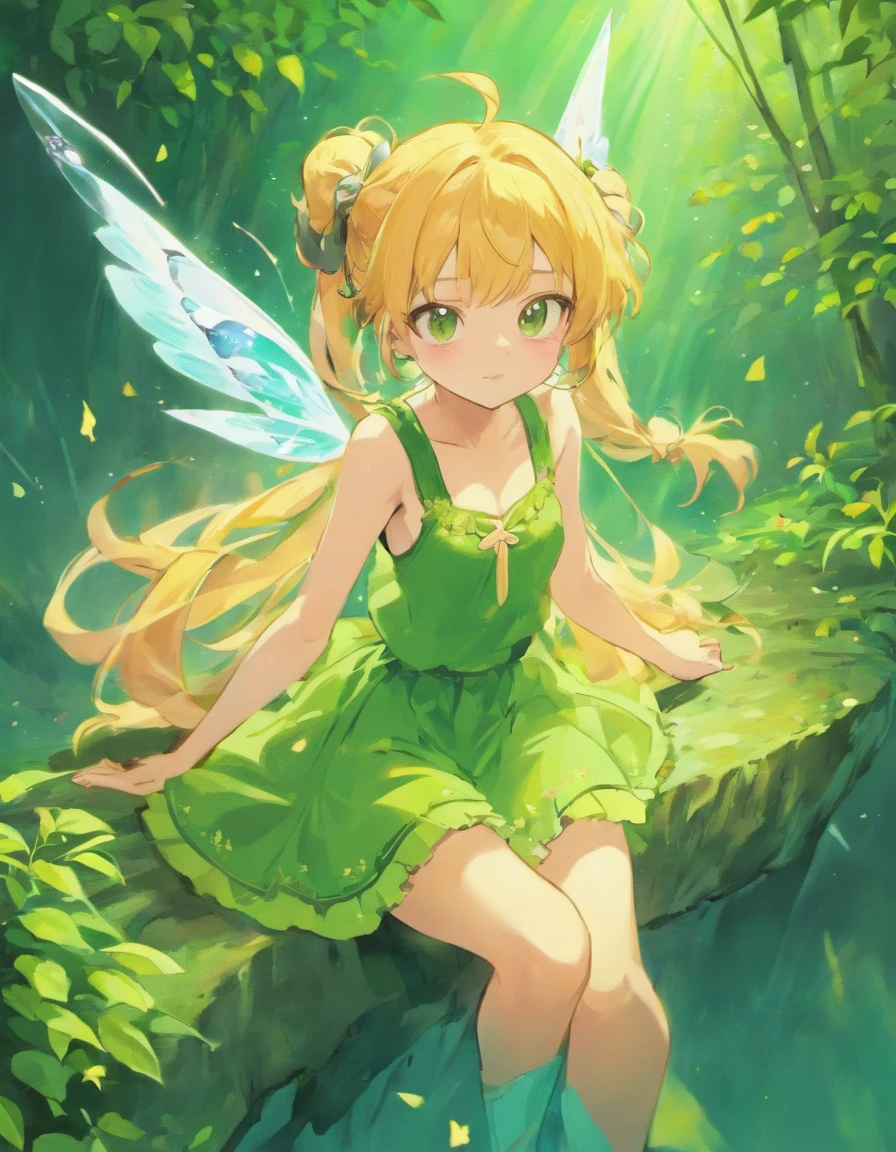 sit pose on rock, good anatomy, ultra detailed illustration of cute anime fairy girl, Oneesan, wearing small cute green dress, pigtails long hair, pink hair color, soft green fairy wing on back, MSchiffer, manga, anime, teenager, round figures, ink lines, kawaii style, green forest background, kawaii faces, (short dress:1.1)