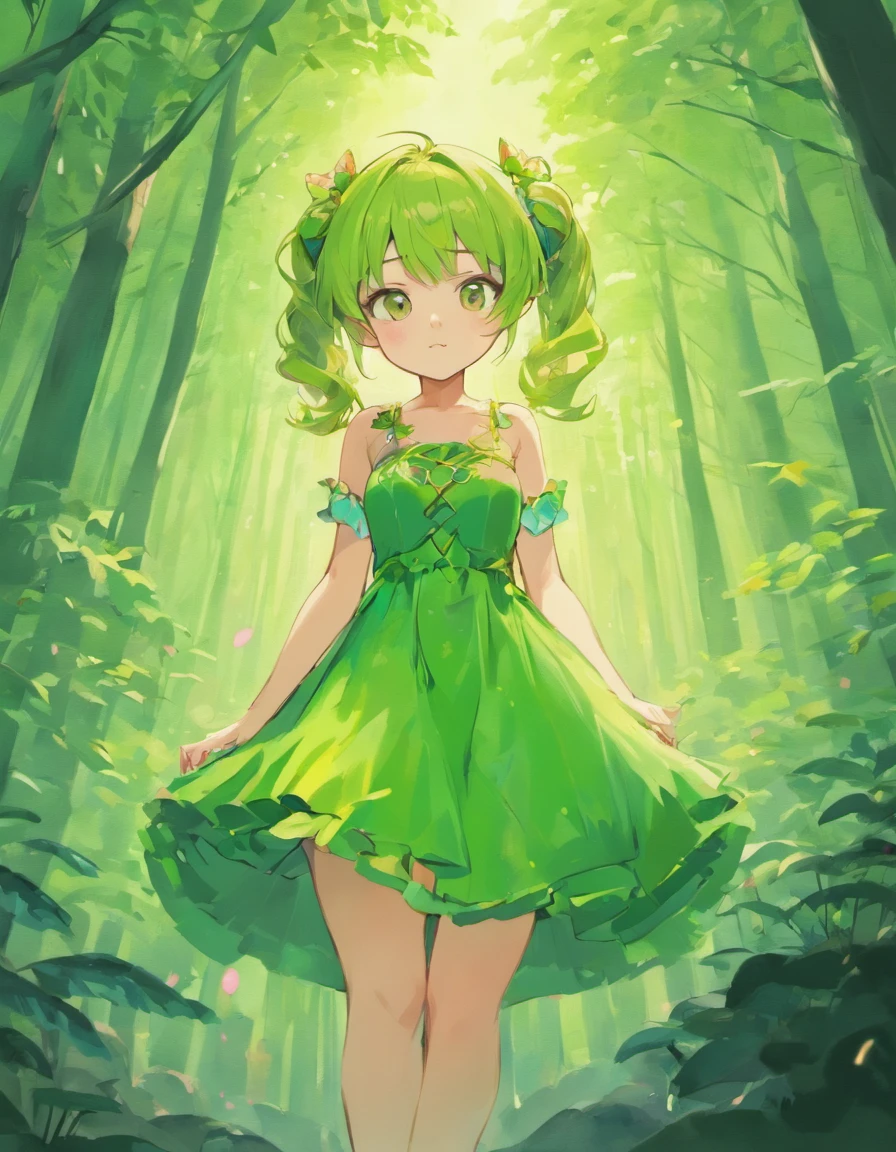 sit pose on rock, good anatomy, ultra detailed illustration of cute anime fairy girl, Oneesan, wearing small cute green dress, pigtails long hair, pink hair color, soft green fairy wing on back, MSchiffer, manga, anime, ager, round figures, ink lines, kawaii style, green forest background, kawaii faces, (short dress:1.1)