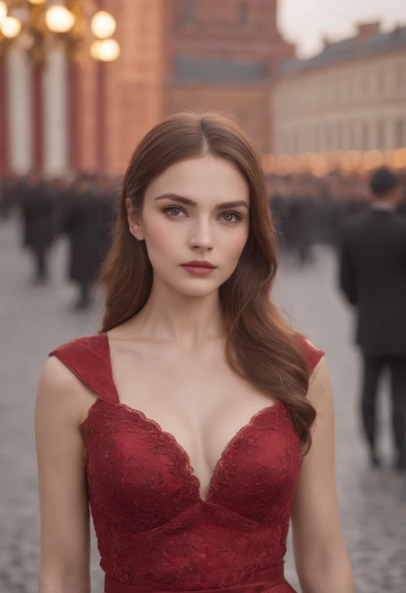 (8k, RAW photo, ultra high res, best quality, masterpiece:1.2), (realistic illustration), (realistic clothes, ultra realistic textile), (photorealistic, high quality, highres, night, natural beauty), sensual look, (real photo), (extremely detailed CG unity 8k wallpaper), absurdres, 21 young, russian woman, beautiful face, medium breasts, red long elegant hair, golden eyes, serious look, tilting head, soviet moscow, red square, soviet imperator costume (long dress), golden epaulettes, red tie, epic