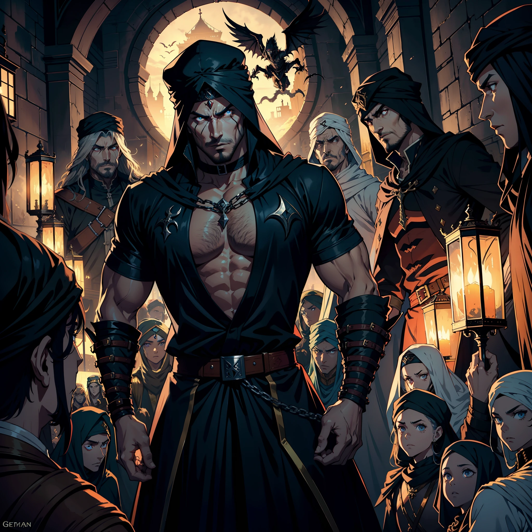 Castlevania, Le Seigneur des Ombres, Bel arabe, Man with Arab muscular face , Turban marocain, Legendary Face, fierce, hyper realistic, super detailed, Marocain, Beau seigneur arabe, muscle, Dracula, Diriger les troupes de Djinns, The Army in Combat, War of Aggression, Giant Demons, Very Scary Legendary, surrounded by demons and demons Very scary