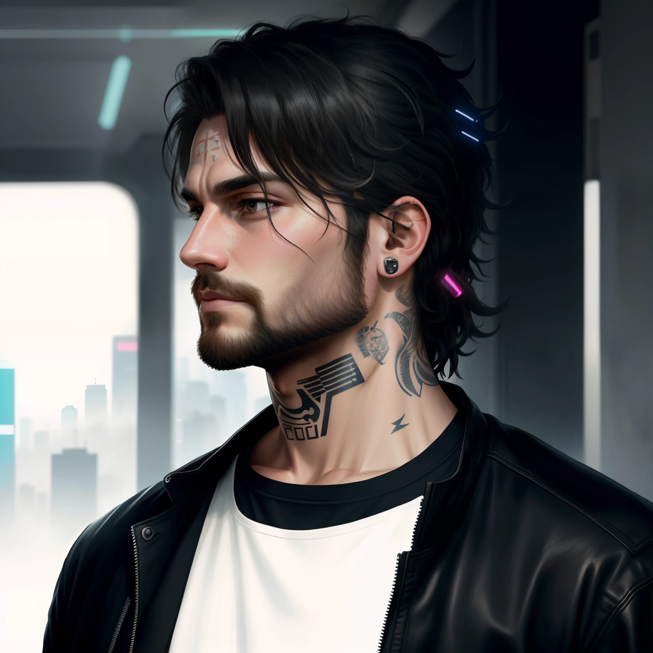 Convert this image as a orii realistic face, normal body, cyberpunk background, normal beard, cinematic, tattoo on a neck, 8k ultra hd