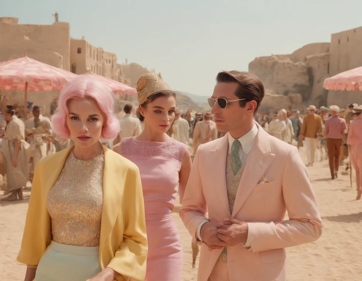 8k portrait of a 1960s science fiction film by Wes Anderson, Vogue anos 1960, pink pastel colors, amarelo, azul, verde, There are people wearing weird futuristic chameleon masks and wearing extravagant retro fashion outfits and men and women wearing alien makeup and old ornaments with mechanical pets in town, shot from behind, Luz Natural, Psicodelia, futurista estranho, fotorrealista, hiper detalhado, foco nítido, Intrinsic, Fuji filmes 55mm,