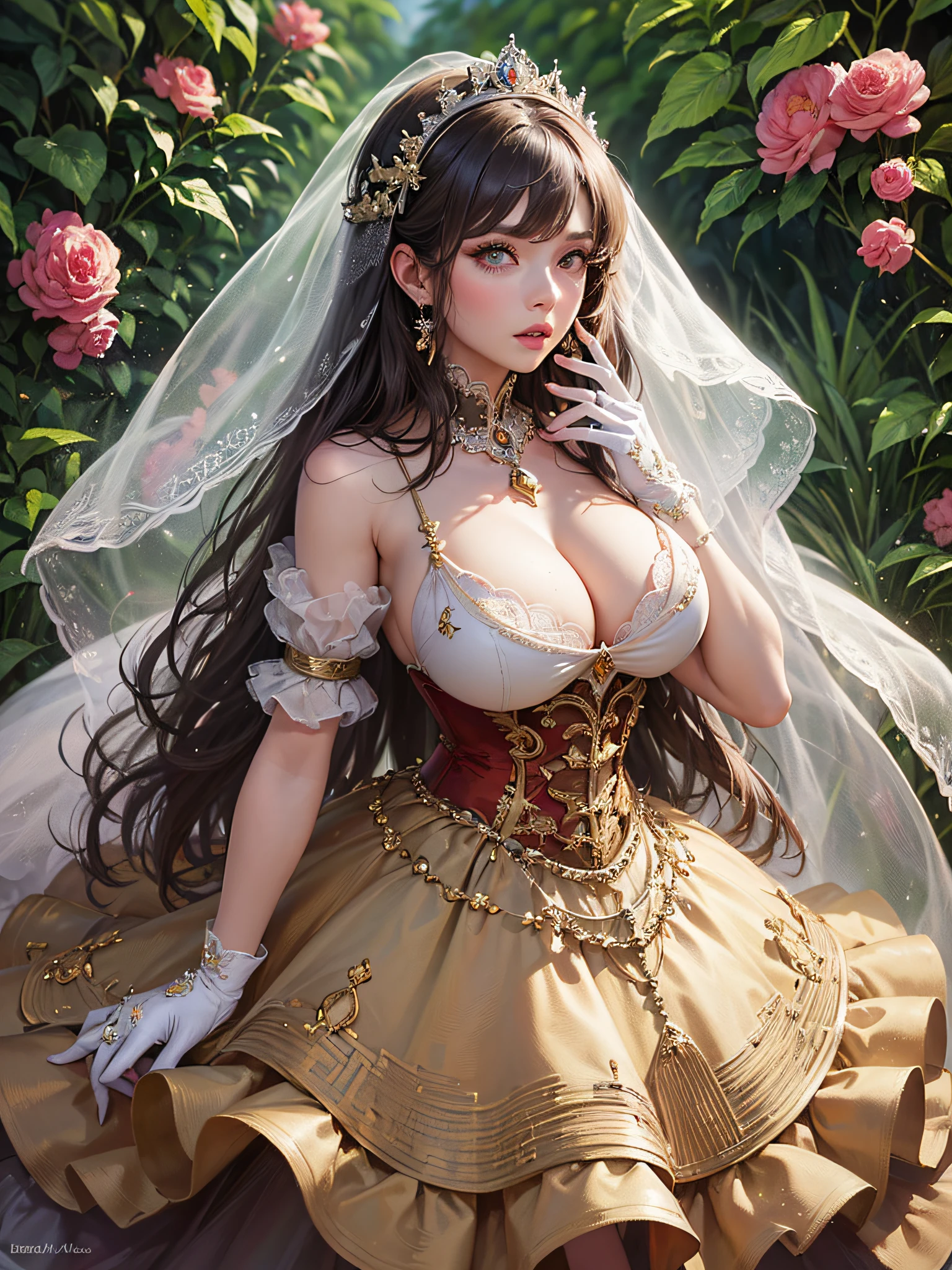 ((anime artstyle)),(Masterpiece),(Best Quality), (Super Detail),((Very Delicate and Beautiful)),cinematic lighting,1 girl,((full body portrait)),((standing in garden)),((solo)),(((1 fairytale princess in gorgeous embroidery and jeweled extremely gorgeous rococo princess ballgown with voluminous full length hoop skirt))),an hourglass waist,padded and corseted bodice,(((huge crinoline hoopskirt))),long train,((gorgeous embroidery and jeweled)),voluminous frills,See-through,(((extremely gigantic tits,skindentation))),cleavage,((absurdly Long Straight Hair,extremely voluminous Straight long Hair,absurdly Long Straight Hair)),(finely detailed face and eyes),clear pupil,extremely gorgeousfull hair ornament,(bling-bling jeweled extremely gorgeousfull tiara),((bling-bling gorgeous gemstone jewelry)),gorgeous long veil,((ultra long gloves)),(beautiful background),(full body),((gorgeous embroidery and jeweled extremely gorgeous rococo princess ballgown with voluminous full length hoop skirt))