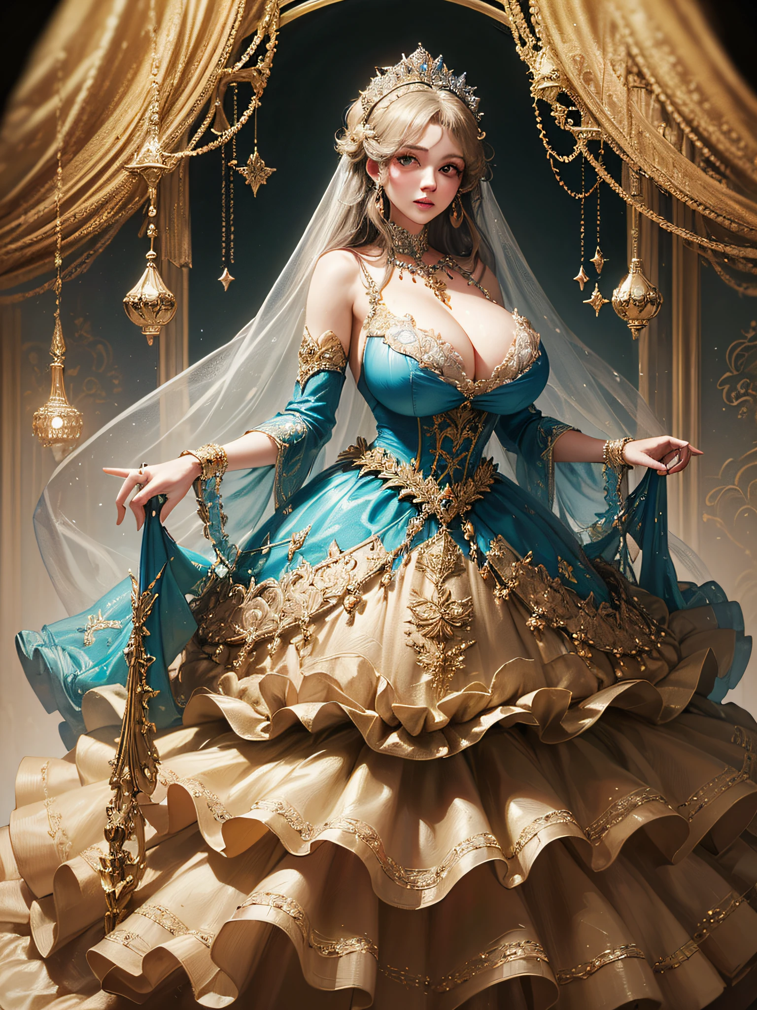 ((anime artstyle)),(Masterpiece),(Best Quality), (Super Detail),((Very Delicate and Beautiful)),cinematic lighting,1 girl,((full body portrait)),((standing in garden)),((solo)),(((1 fairytale princess in gorgeous embroidery and jeweled extremely gorgeous rococo princess ballgown with voluminous full length hoop skirt))),an hourglass waist,padded and corseted bodice,(((huge crinoline hoopskirt))),long train,((gorgeous embroidery and jeweled)),voluminous frills,See-through,(((extremely gigantic tits,skindentation))),cleavage,((absurdly Long Straight Hair,extremely voluminous Straight long Hair,absurdly Long Straight Hair)),(finely detailed face and eyes),clear pupil,extremely gorgeousfull hair ornament,(bling-bling jeweled extremely gorgeousfull tiara),((bling-bling gorgeous gemstone jewelry)),gorgeous long veil,((ultra long gloves)),(beautiful background),(full body),((gorgeous embroidery and jeweled extremely gorgeous rococo princess ballgown with voluminous full length hoop skirt))