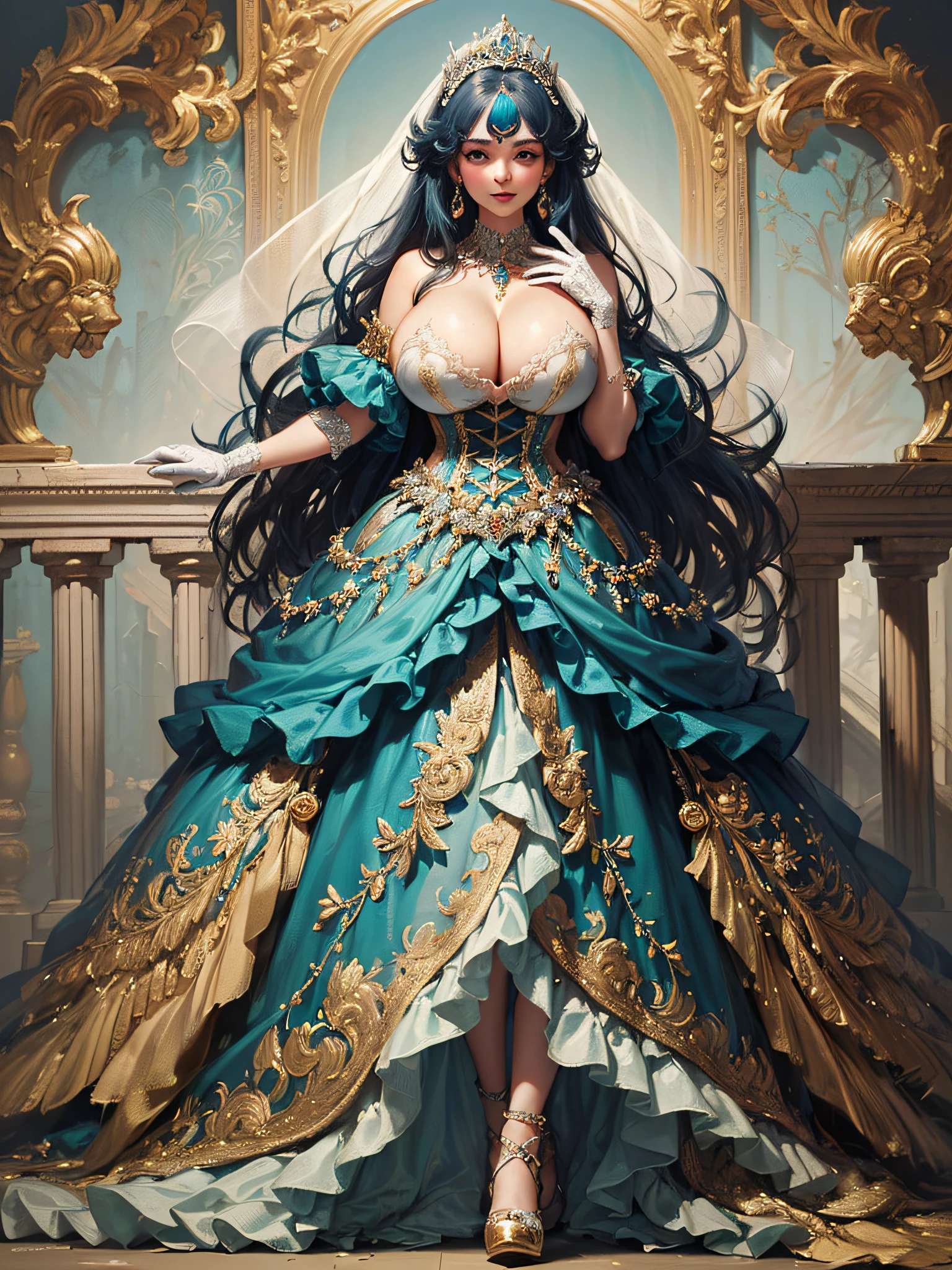 ((anime artstyle)),(Masterpiece),(Best Quality), (Super Detail),((Very Delicate and Beautiful)),cinematic lighting,1 girl,((full body portrait)),((standing in garden)),((solo)),(((1 fairytale princess in gorgeous embroidery and jeweled extremely gorgeous rococo princess ballgown with voluminous full length hoop skirt))),an hourglass waist,padded and corseted bodice,(((huge crinoline hoopskirt))),long train,((gorgeous embroidery and jeweled)),voluminous frills,See-through,(((extremely gigantic tits,skindentation))),cleavage,((absurdly Long Straight Hair,extremely voluminous Straight long Hair,absurdly Long Straight Hair)),(finely detailed face and eyes),clear pupil,extremely gorgeousfull hair ornament,(bling-bling jeweled extremely gorgeousfull tiara),((bling-bling gorgeous gemstone jewelry)),gorgeous long veil,((ultra long gloves)),(beautiful background),(full body),((gorgeous embroidery and jeweled extremely gorgeous rococo princess ballgown with voluminous full length hoop skirt))