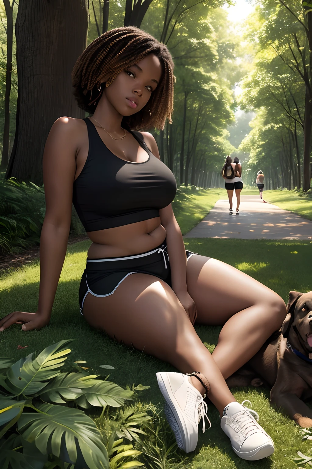 curvy black woman, with shoulder-length blonde hair, laying on her stomach in the park, short shorts, a tank top, and sneakers, a relaxed look, 2 dogs with her, plush foliage, trees, walking path, intricate details, vivid images,