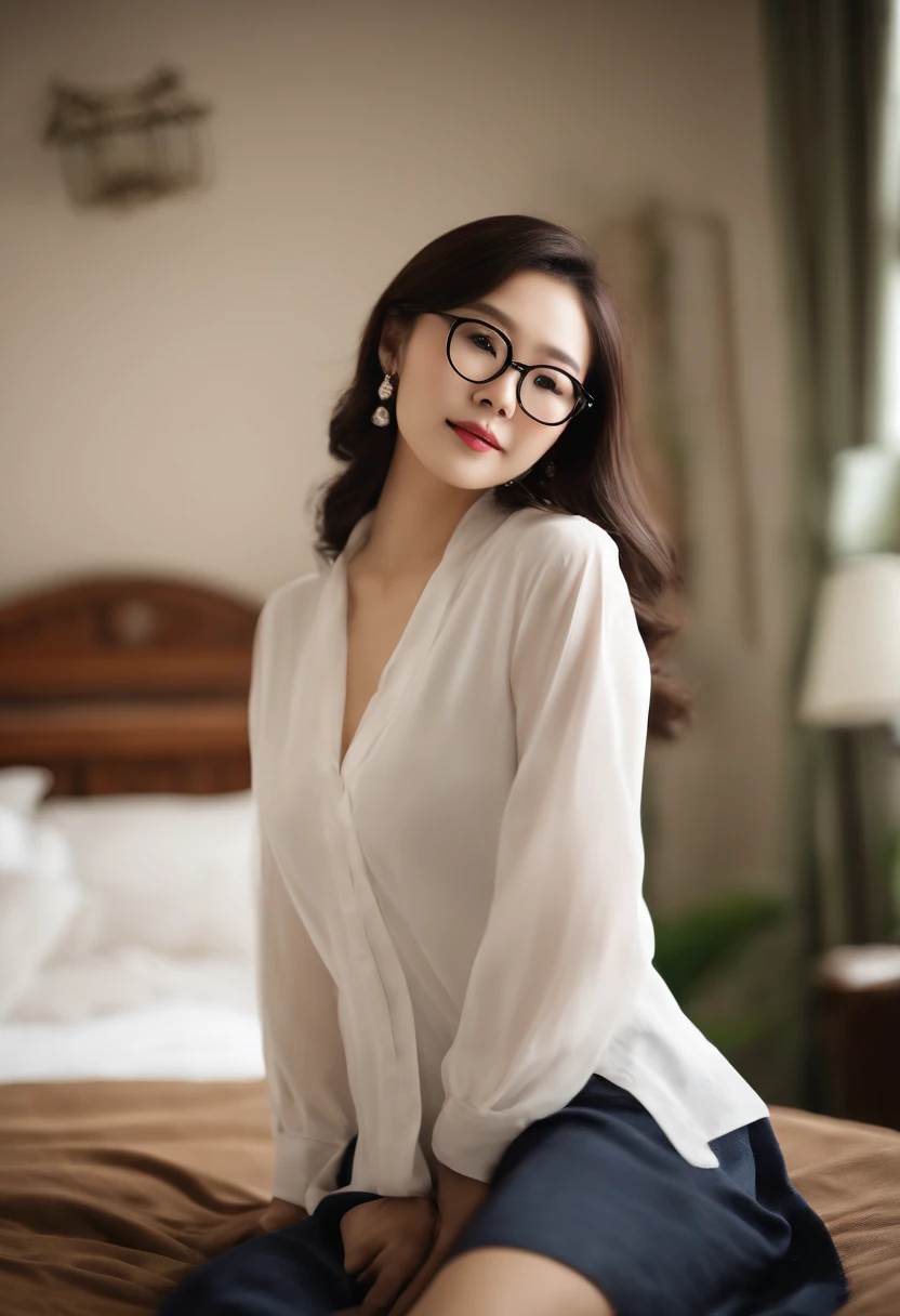 araffe asian woman with glasses posing on a bed, korean girl, with glasses, thick glasses, spectacled, with glasses on, beautiful south korean woman, asian girl, gorgeous young korean woman, sie boob, with square glasses, she is about 2 0 years old, she is about 20 years old, jaeyeon nam, big round glasses, naked