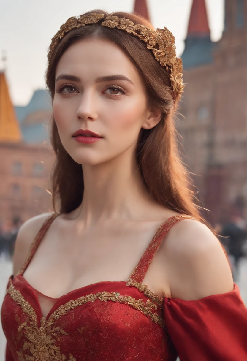 (8k, RAW photo, ultra high res, best quality, masterpiece:1.2), (realistic illustration), (realistic clothes, ultra realistic textile), (photorealistic, high quality, highres, night, natural beauty), sensual look, (real photo), (extremely detailed CG unity 8k wallpaper), absurdres, 21 young, russian woman, beautiful face, medium breasts, red long elegant hair, golden eyes, serious look, tilting head, soviet moscow, red square, soviet imperator costume (long dress), golden epaulettes, red tie, epic