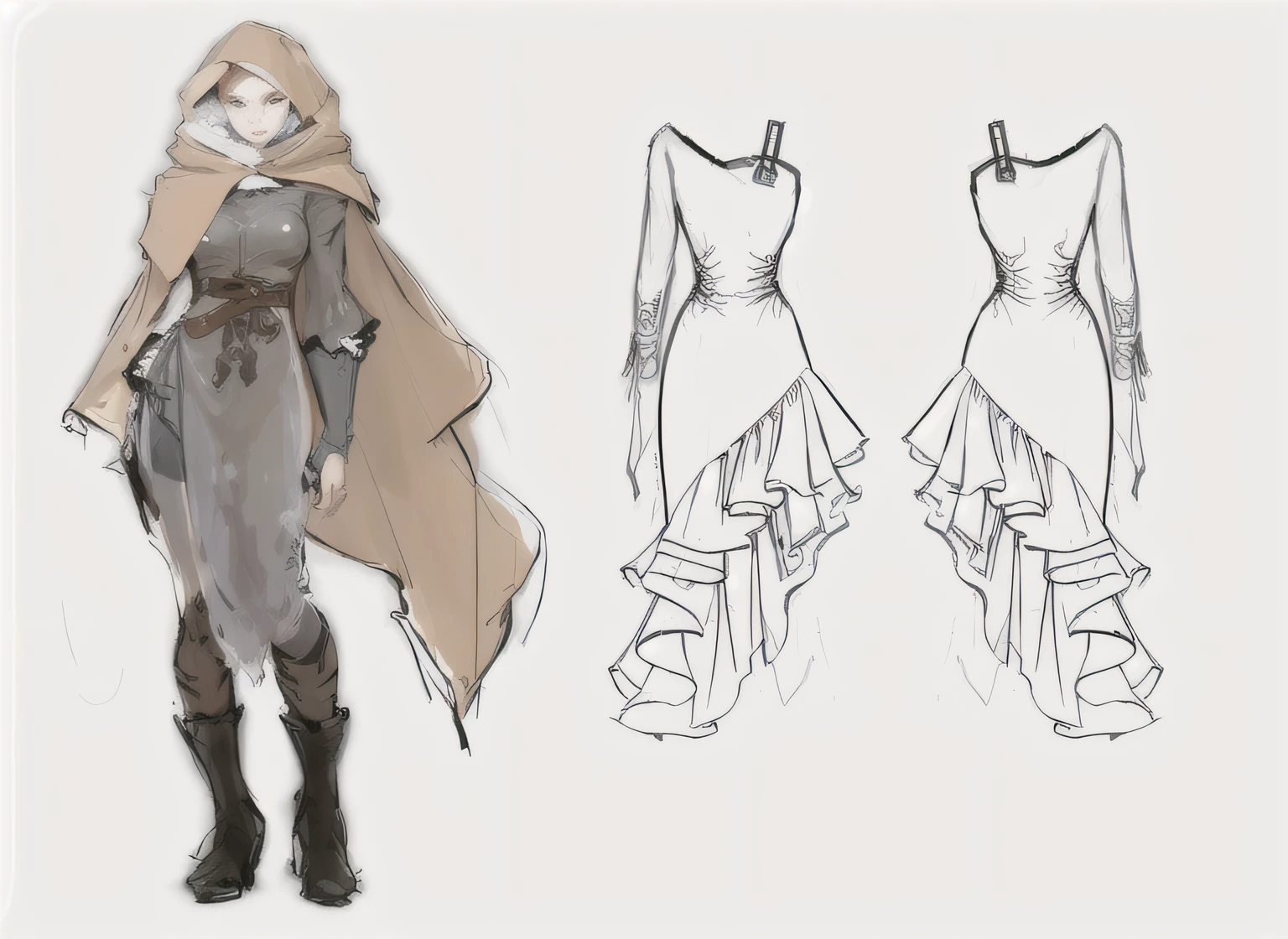 Sketch of a woman in a dress and a cape, clothing design, clothing concept, fashion concept art, clear outfit design, new costume concept design, clothing design, clothing design, costume desig, fluid robes and leather armor, fashionable rpg clothing, fantasy style clothing, Cypherpunk fashion illustration, clothing design, costume design made with love, fashion reference sheet
