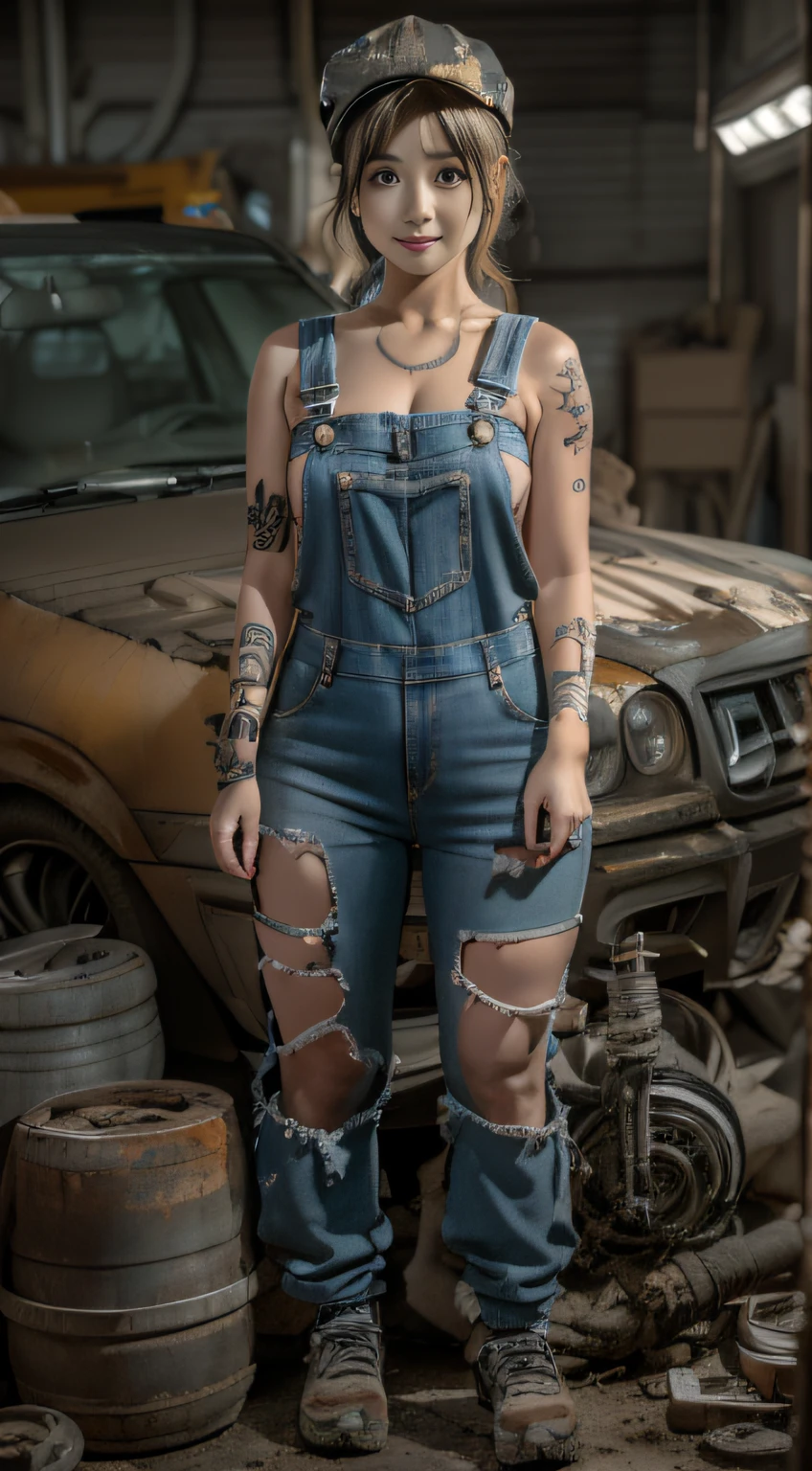 ((Best quality)), ((Masterpiece)), (Detailed), A charming and seductive female mechanic covered in grease,confident smile，sitting down on the floor，With a worker's cap，Wear suspender denim shorts(Dirty and rough charm:1.2), (Tough and confident demeanor:1.1), (Mechanical expertise:1.3), Disheveled hair, smudged face，With a playful smile, Stained overalls clinging to her curves, (Tenacious trading tools:1.2), Cluttered repair shop, Scattered car parts, (Authentic car atmosphere:1.2), (Strong gaze:1.1), The hand was soiled with a wrench, 8K resolution,looking at another, looks away,( tattoo:1.2), Masterpiece, Best quality,Photorealistic, Ultra-high resolution, Photographic light