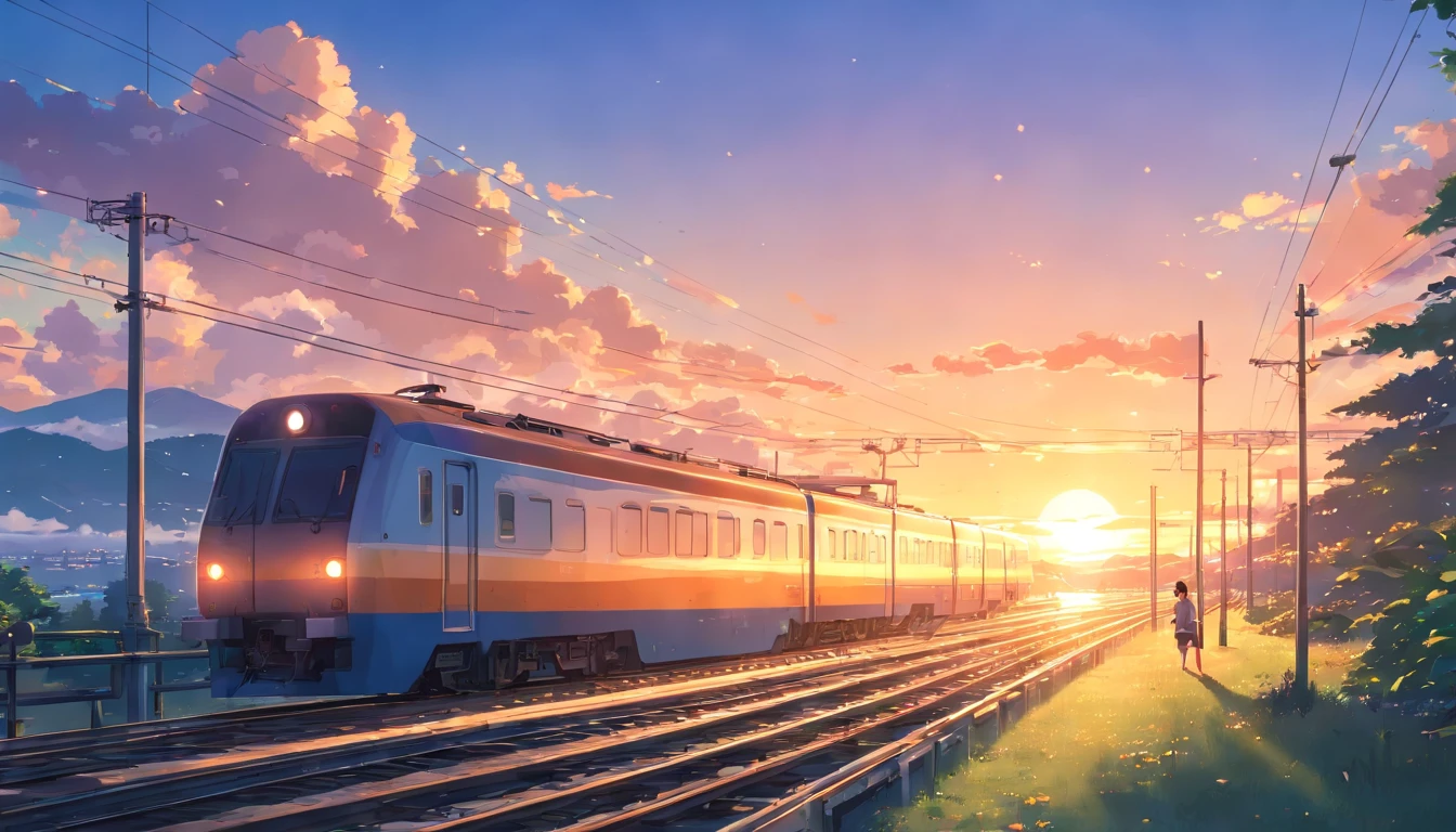 (Masterpiece, 8K) sunset, cloud, scenery, train passing