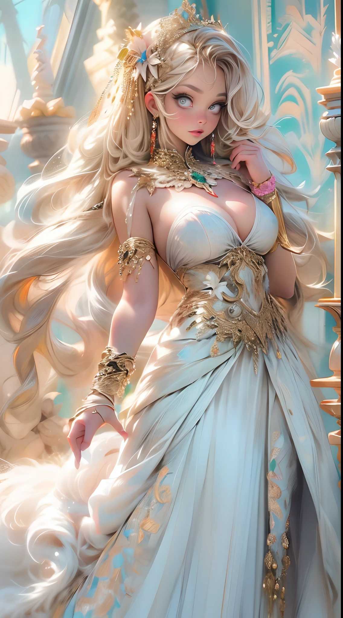 (full body shot), (((multicolored hair, [white hair])))), ultra realistic 8k CG, perfect face, flawless, clean, masterpiece, professional artwork, famous art, cinematic lighting, cinematic flower, perfect face, beautiful face, beautiful eyes, (((perfect female body, narrow waist))), beautiful queen, royal, divine, goddess, (royal palace), fantasy, dreamlike, unreal, science fiction, (huge breasts), beautiful clothes, lace, lace trim, lace legwear,  nsfw, breasts out, absurdly long hair, very long hair, (rich: 1.4), prestige, luxury, jewelry, diamond, gold, pearl, gem, sapphire, ruby, emerald, intricate detail, delicate pattern, sexy, charming, seductive, seductive, erotic, charming, hair ornament, necklace, earrings, bracelet, armband, looking at the viewer,Swollen breasts，crisp breasts，Breasts during lactation，Lactation, Gigantic breasts, Heavy breasts, no bra