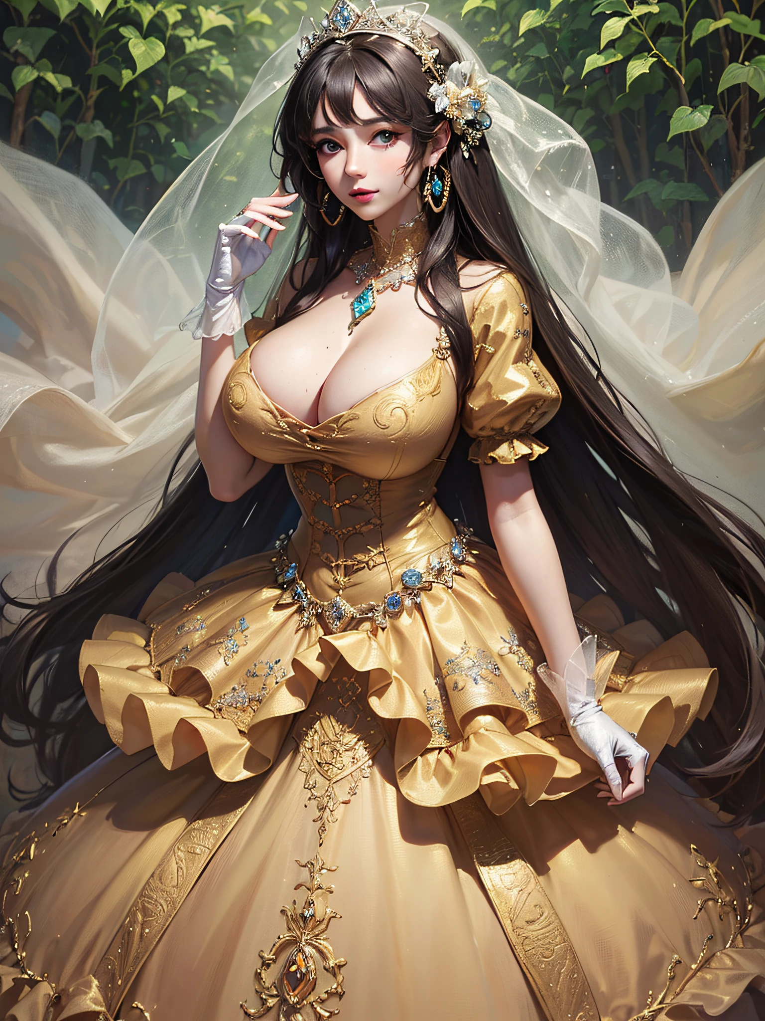 ((anime artstyle)),(Masterpiece),(Best Quality), (Super Detail),((Very Delicate and Beautiful)),cinematic lighting,1 girl,((full body portrait)),((standing in garden)),((solo)),(((1 fairytale princess in gorgeous embroidery and jeweled extremely gorgeous rococo princess ballgown with voluminous full length hoop skirt))),an hourglass waist,padded and corseted bodice,(((huge crinoline hoopskirt))),long train,((gorgeous embroidery and jeweled)),voluminous frills,See-through,(((extremely gigantic tits,skindentation))),cleavage,((absurdly Long Straight Hair,extremely voluminous Straight long Hair,absurdly Long Straight Hair)),(finely detailed face and eyes),clear pupil,extremely gorgeousfull hair ornament,(bling-bling jeweled extremely gorgeousfull tiara),((bling-bling gorgeous gemstone jewelry)),gorgeous long veil,((ultra long gloves)),(beautiful background),(full body),((gorgeous embroidery and jeweled extremely gorgeous rococo princess ballgown with voluminous full length hoop skirt))