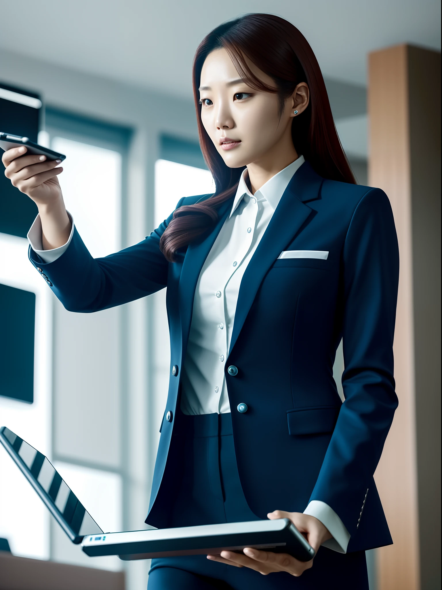 woman in a suit using a tablet computer in a room, working, sun yunjoo, still from a live action movie, park shin hye as a super villain, full device, using a magical tablet, iu lee ji-eun as a super villain, profile pose, [ realistic photo ]!!, shin min jeong, serious business, lazy, elegant look
