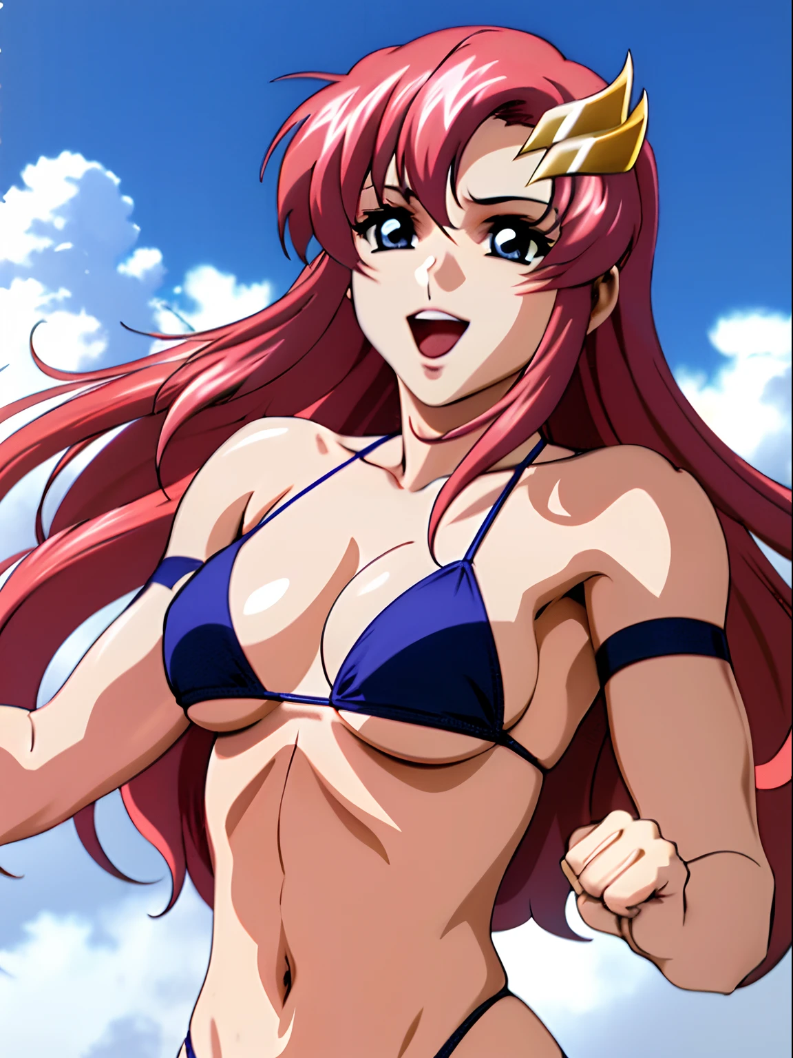 (masterpiece, side view, 4K, Best Quality, Anime style: 1.9,, Adult Woman, ultra detailed face, (cloud background, wrestling), Drawing lines, high resolution, Anime, lacus4), 1girl, Solo, curvy figure, Long hair, 鎖骨, scapular, (Detailed wide hair bangs, Hair Ornament, Detailed reddish-pink hair, golden crest), cleavage, large hands, (female wrestler). (Big blue eyes, shiny eyes), ((female wrestler, little biceps, slender body, broad shoulders, closed fists)), ((perfect proportions, medium breasts, long belly)), (((micro bikini, pink wrestling gear, champion))), happy, smile, open mouth, (belly dancing, looking at the viewer), , showing off underarm, (elegant lady), random pose, leaning backward, lying on floor