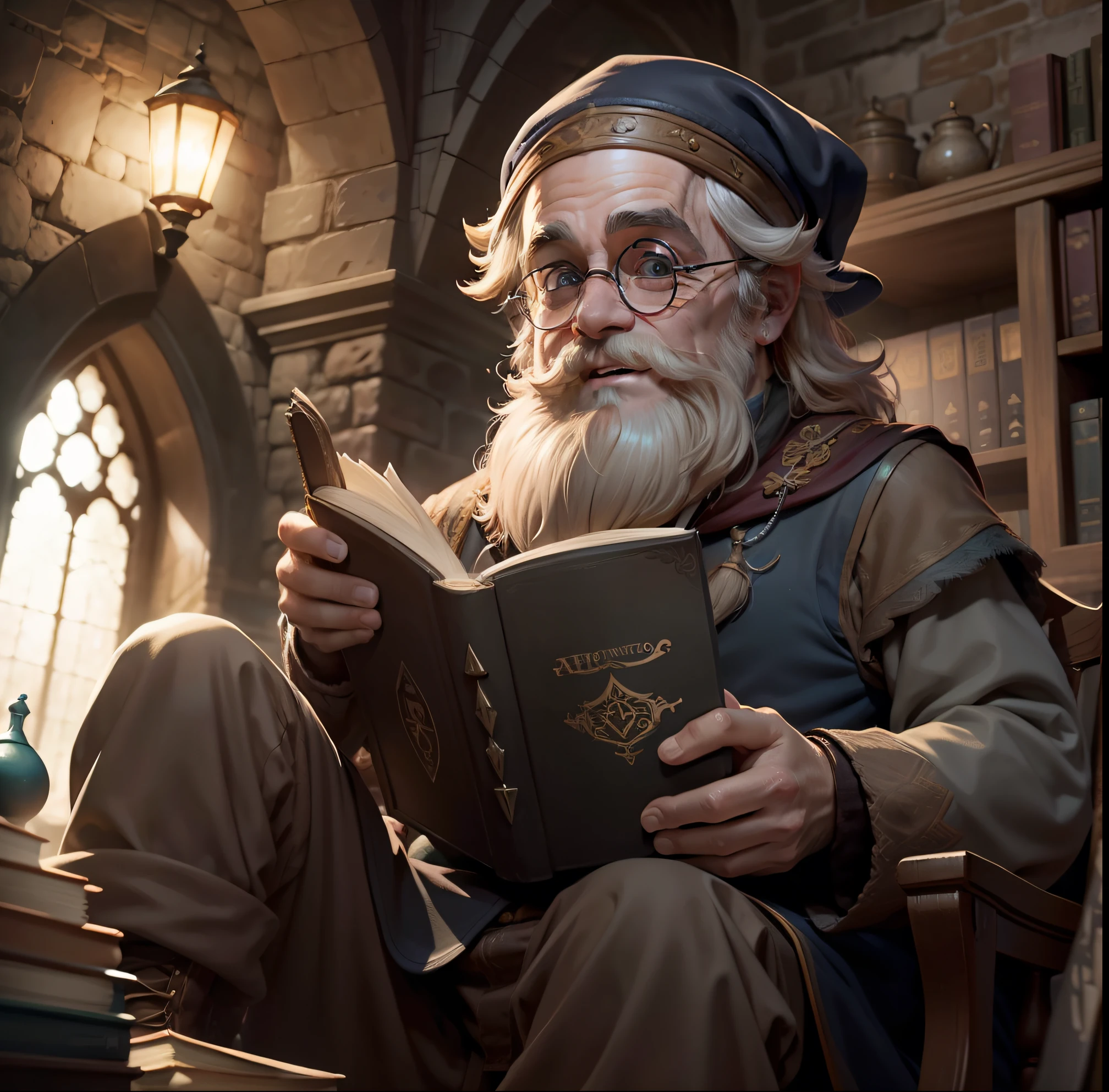 ((High quality)), ((work of art)), 8K,a charismatic librarian with circular glasses and a wizard's outfit, sporting a well-groomed beard (barba), dark hair, and a warm smile, is the main focus of the image. In the background, an intriguing library tecnologic alchemy scene is subtly hinted at, adding depth and mystery to the piece. The hyperrealistic style is enhanced, making every detail incredibly sharp and defined. The perfectionism and award-winning realism are evident in the ambient lighting that softly illuminates the scene, providing a sense of depth and three-dimensionality.