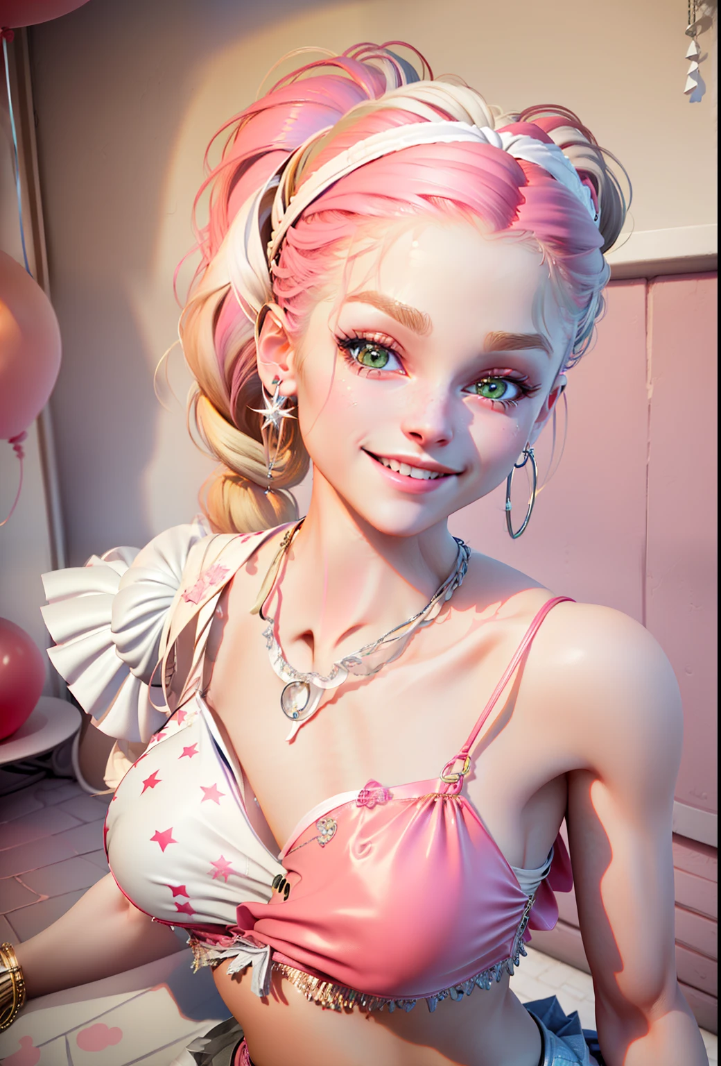 ((On top a lumionous platform)) is a beautiful ((smiling)  girl  long with plaited Sliver  twin ponytail  crystal earrings, bangless, pink and white  leather ruffle skirt, attached to a straps going across her belly up to her strappes bikini top, straps attached to the bikini stop wraps around her arms,