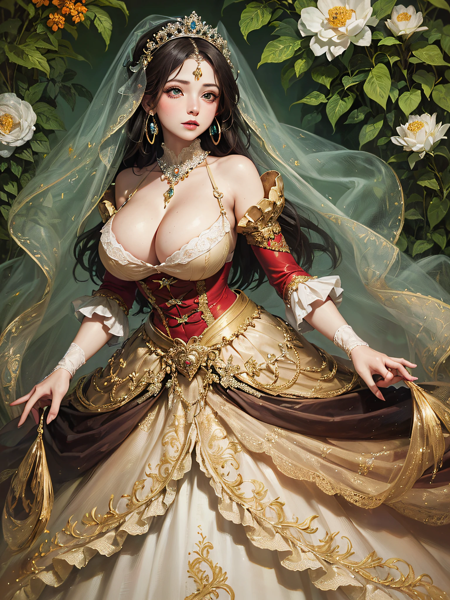 ((anime artstyle)),(Masterpiece),(Best Quality), (Super Detail),((Very Delicate and Beautiful)),cinematic lighting,1 girl,((full body portrait)),((standing in garden)),((solo)),(((1 fairytale princess in gorgeous embroidery and jeweled extremely gorgeous rococo princess ballgown with voluminous full length hoop skirt))),an hourglass waist,padded and corseted bodice,(((huge crinoline hoopskirt))),long train,((gorgeous embroidery and jeweled)),voluminous frills,See-through,(((extremely gigantic tits,skindentation))),cleavage,((absurdly Long Straight Hair,extremely voluminous Straight long Hair,absurdly Long Straight Hair)),(finely detailed face and eyes),clear pupil,extremely gorgeousfull hair ornament,(bling-bling jeweled extremely gorgeousfull tiara),((bling-bling gorgeous gemstone jewelry)),gorgeous long veil,((ultra long gloves)),(beautiful background),(full body),((gorgeous embroidery and jeweled extremely gorgeous rococo princess ballgown with voluminous full length hoop skirt))