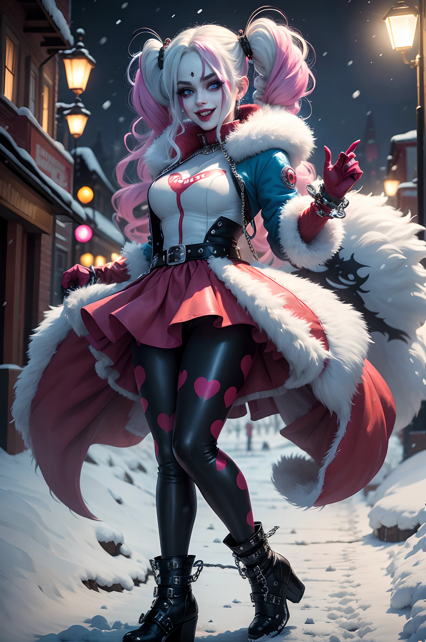 Bride Harley Quinn, long colored hair, Clown Makeover, evil face, tight costume, fur jacket, Colored leggings, high boots, chain, Buckle Belt, exteriors, night city, snowing, Lantern light, higly detailed, Realistic full-length photo