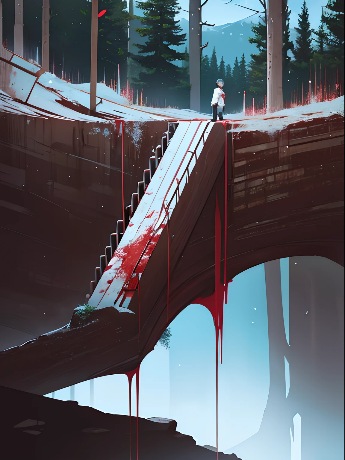 Guy, falls from a height, blood on the face, Hands to the sides, ssmile, rock, Forest Below