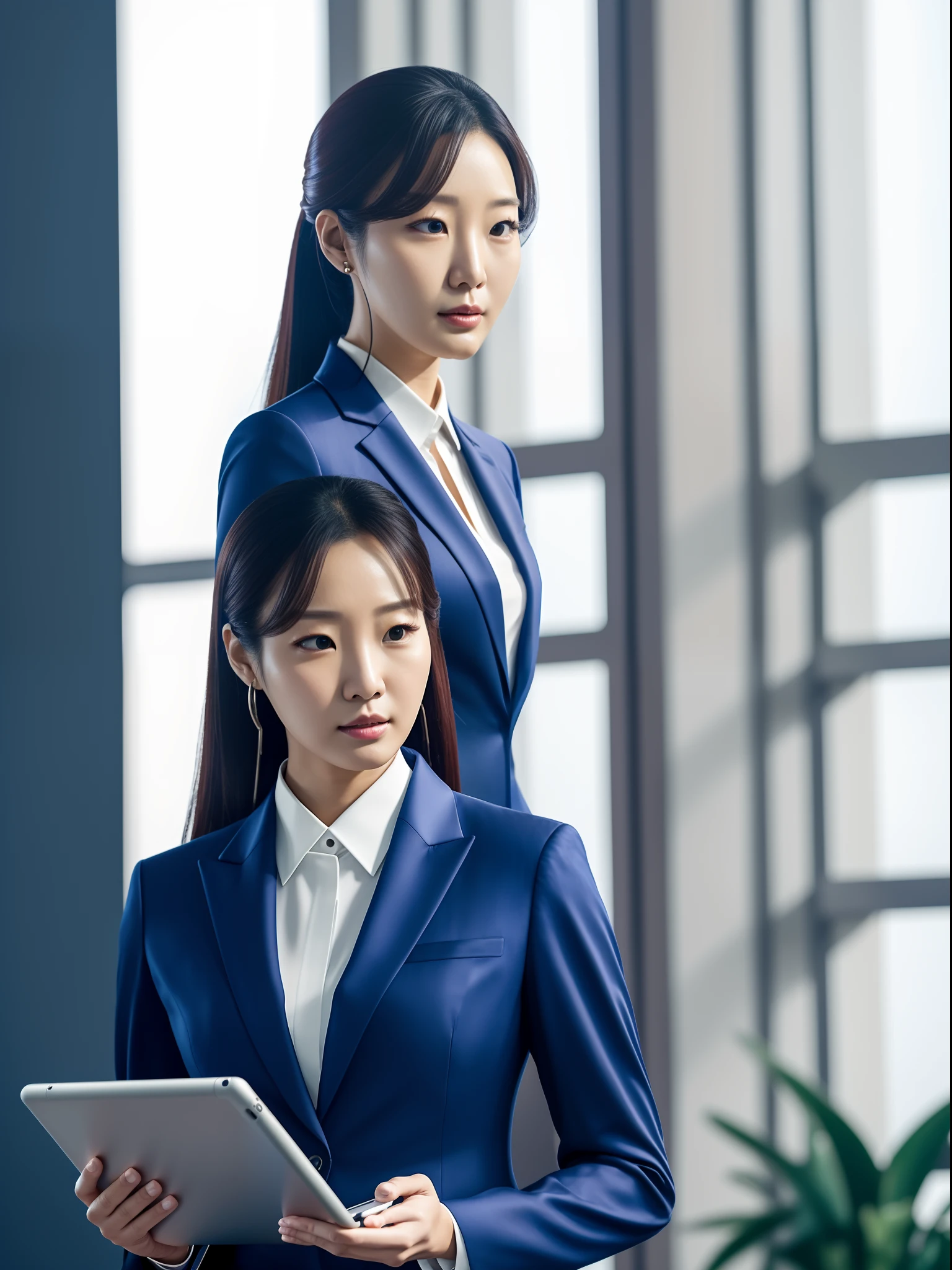 woman in a suit using a tablet computer in a room, working, sun yunjoo, still from a live action movie, park shin hye as a super villain, full device, using a magical tablet, iu lee ji-eun as a super villain, profile pose, [ realistic photo ]!!, shin min jeong, serious business, lazy, elegant look
