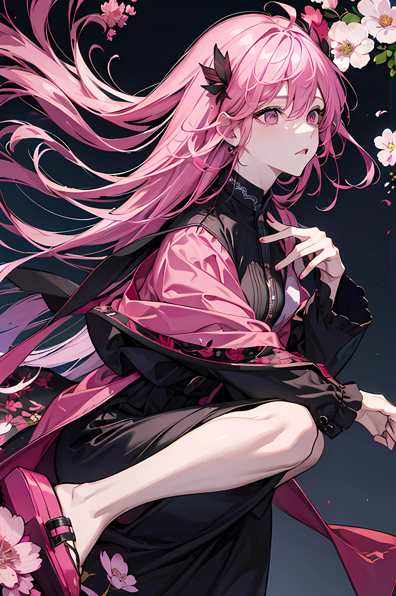 16k,quadratic element,Libido boy,Pink hair,Black and red color scheme,Background flying flowers