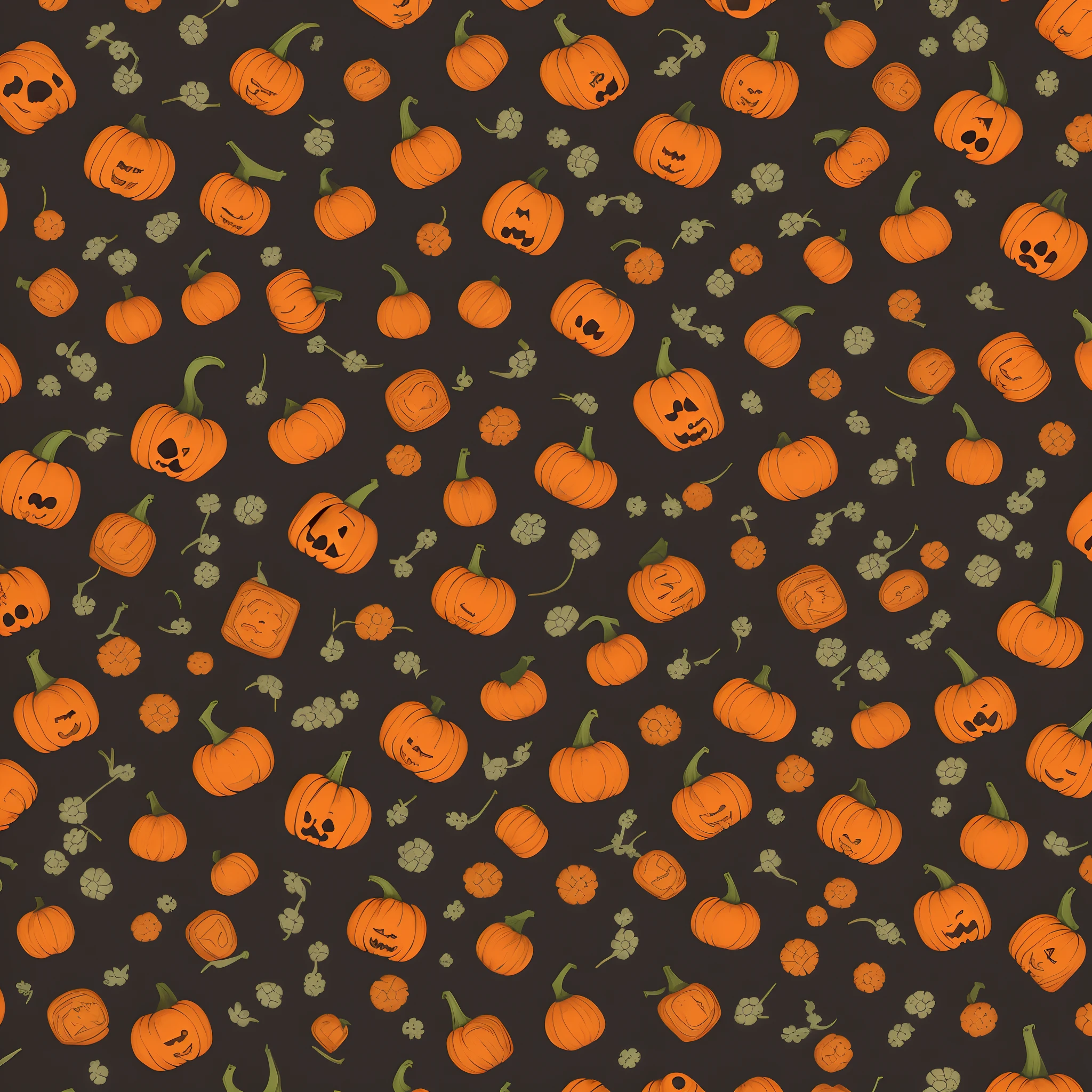 Cute skull head, pumpkins, patterns, black background, vector