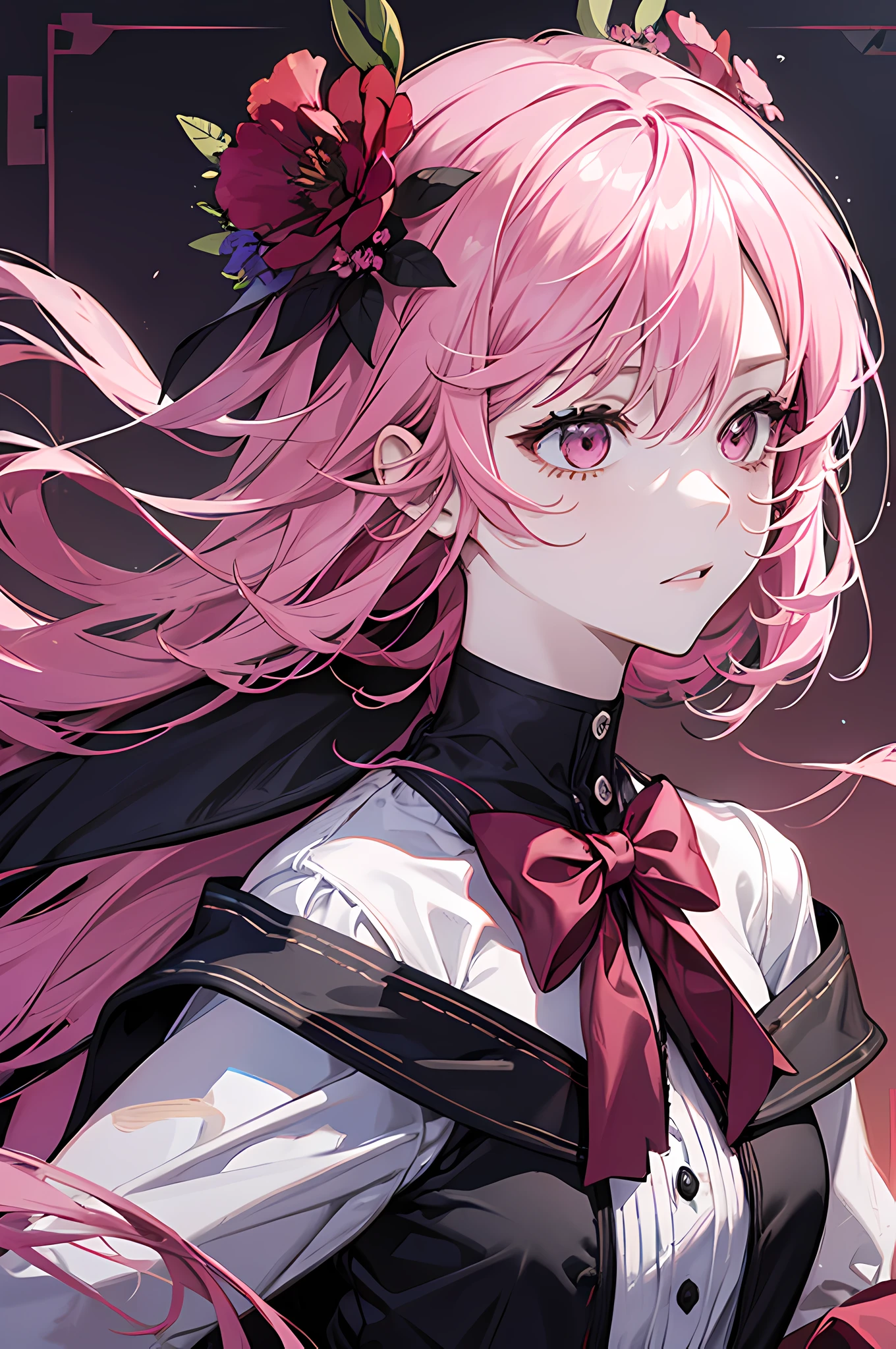 16k,quadratic element,Libido boy,Pink hair,Black and red color scheme,Background flying flowers