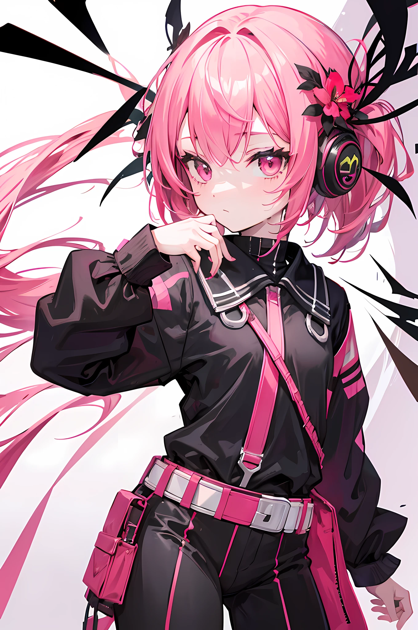 16k,quadratic element，Libido boy,Pink hair，Black and red color scheme，Background flying flowers