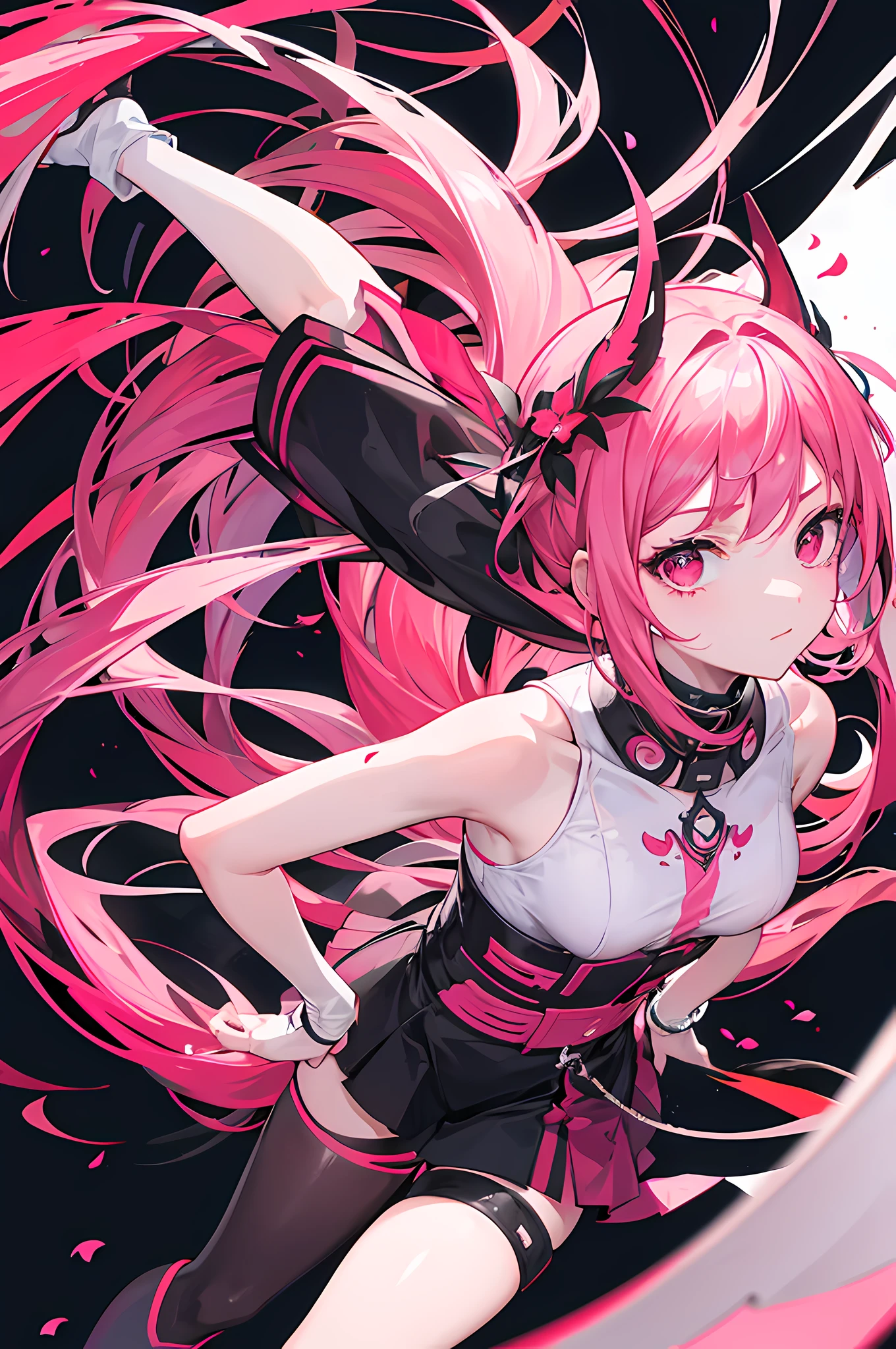 16k,quadratic element,Libido boy,Pink hair,Black and red color scheme,Background flying flowers