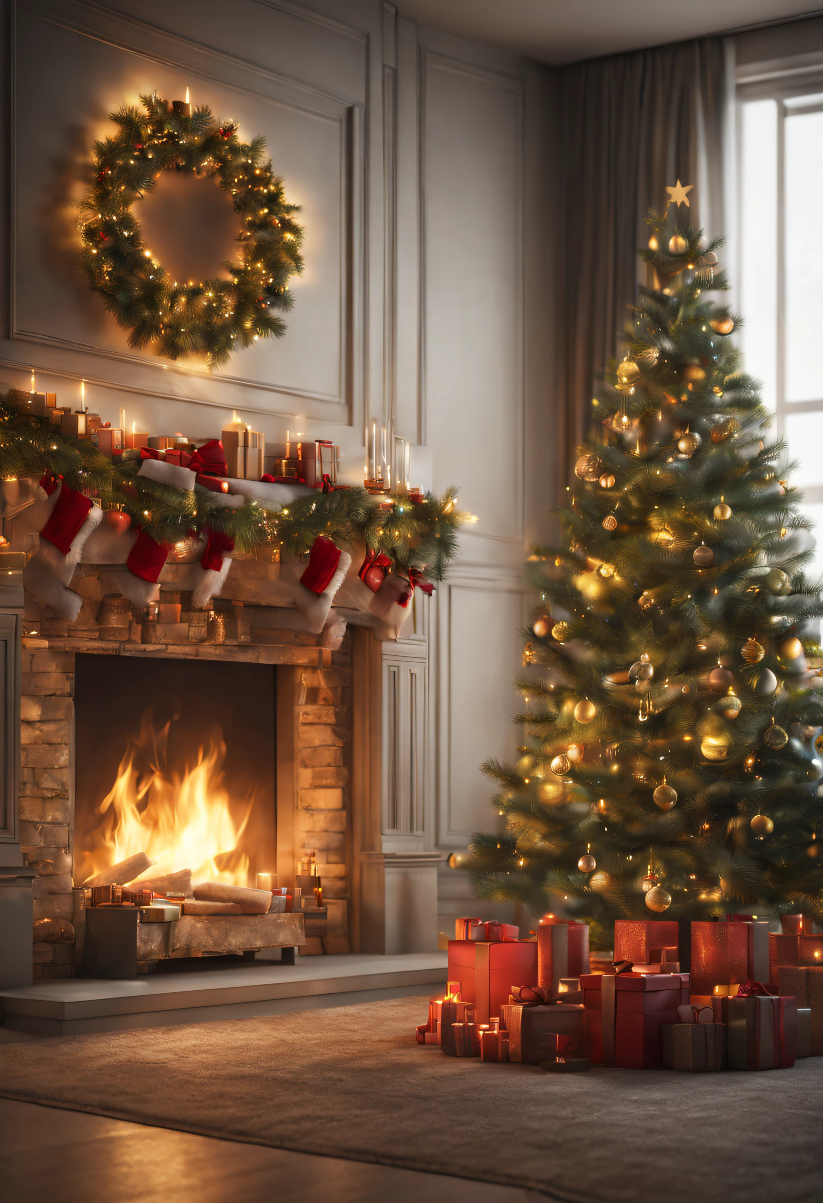 a christmas tree next to a fireplace in a room, fhd, photorealistic, beauty