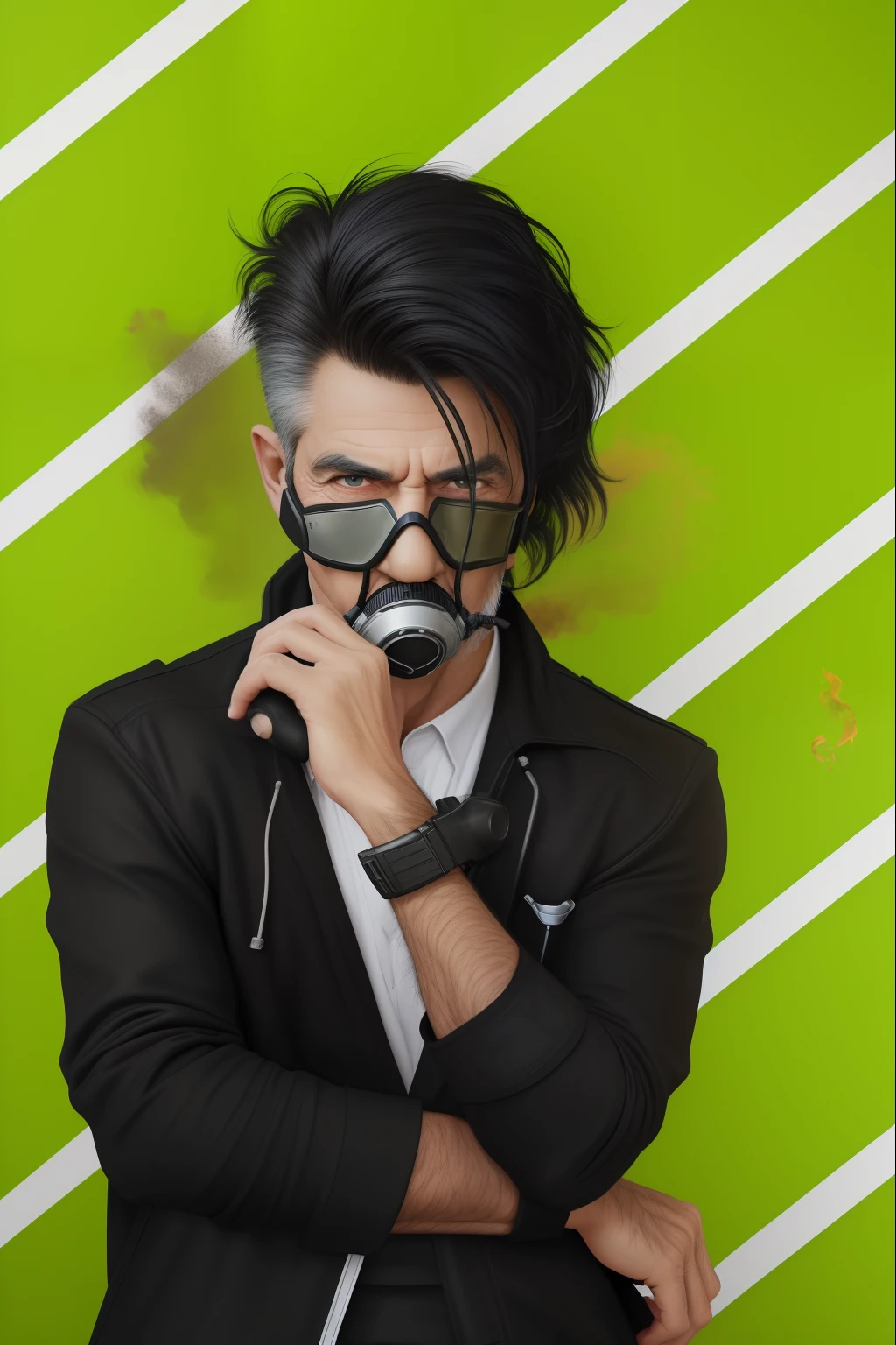 (best quality,4k,8k,highres,masterpiece:1.2), ultra-detailed, realistic:1.37, 50 year old man, black hair, gas mask, detailed face, detailed body, green cloud, stylized, portrait, intense colors, dramatic lighting
