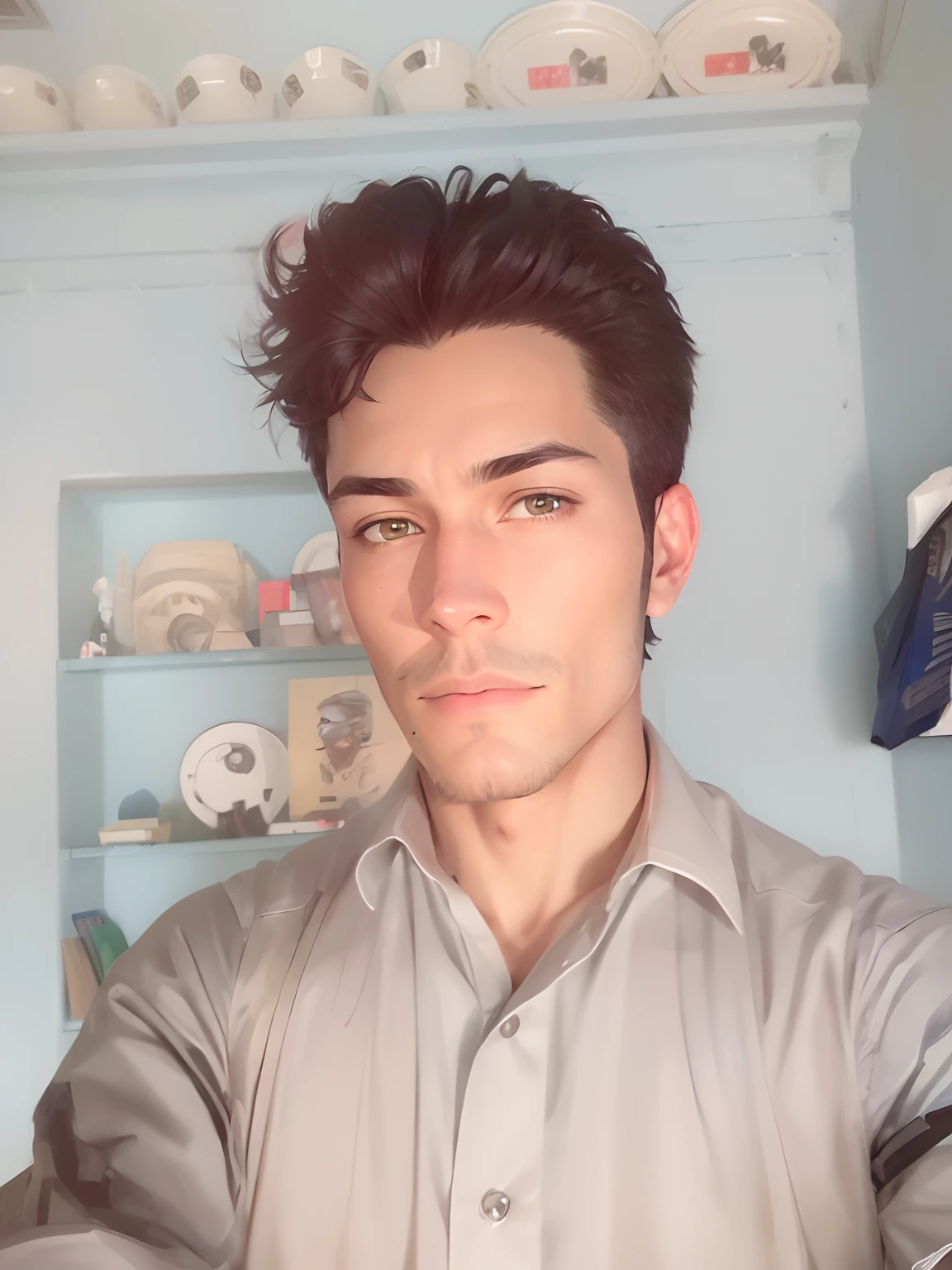 1boy, male focus, solo, facial hair, wild beard, (toned:0.1), dark [blue|black] hair, formal, looking at viewer, portrait, close up, (from above:0.9), suit, dark theme, ([cyberpunk|steampunk]:1.3), cartoon stylish, (expressive), (cybernetic:1.18), superman, toned, serious, vibrant, (colorful, thick outlines, flat color:1.12), fantasy