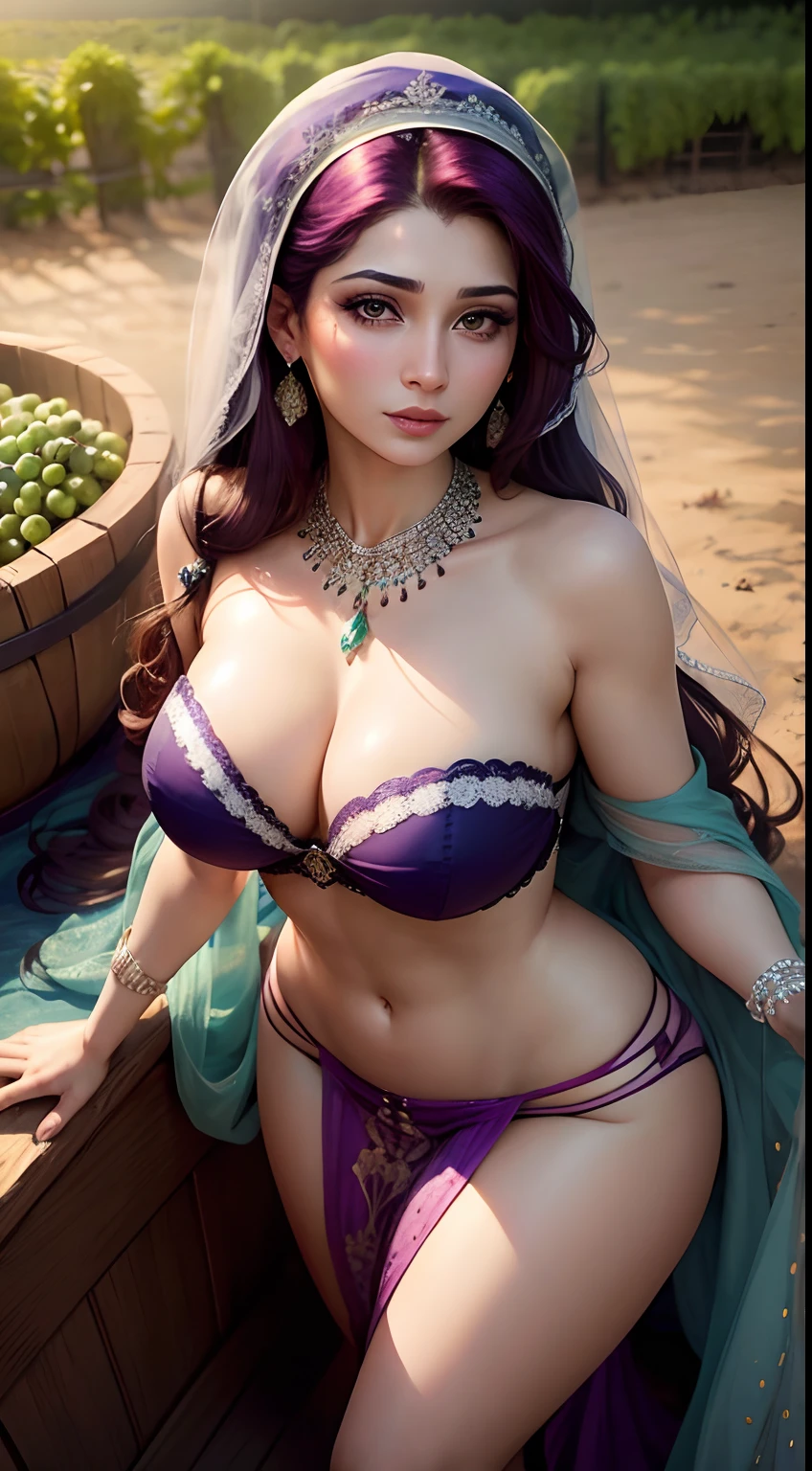 Maryam Nawaz Sharif, 26 years old , beautiful, fair, large breasts, heavy makeup, long eyelashes, eye mascara, wearing a strapless bra and a transparent sarong, very low worn sarong, pubic hair visible, crushing grapes, front view,  upper body image, standing in a grape tub, in a vinyard