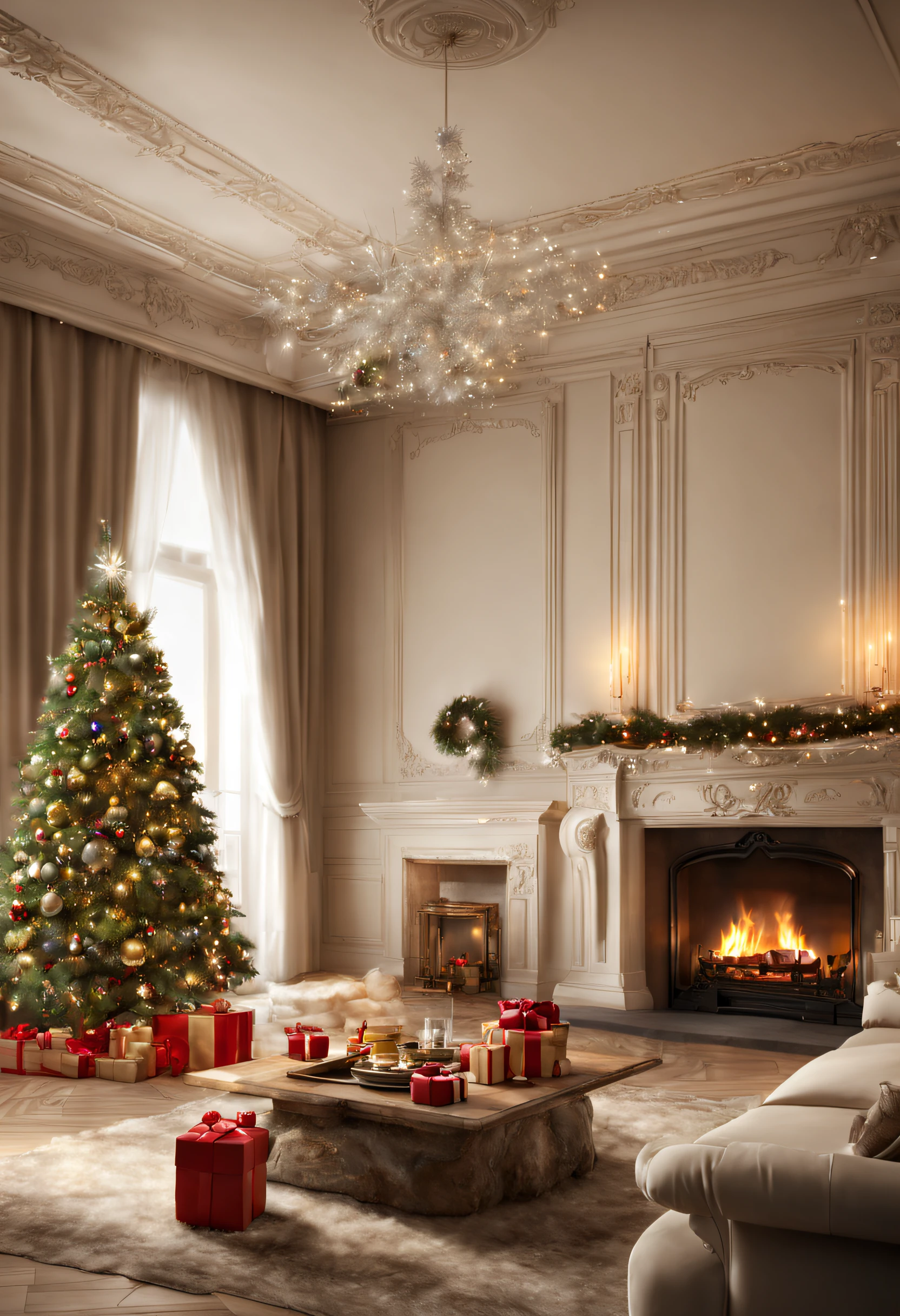 a christmas tree next to a fireplace in a room, fhd, photorealistic, beauty