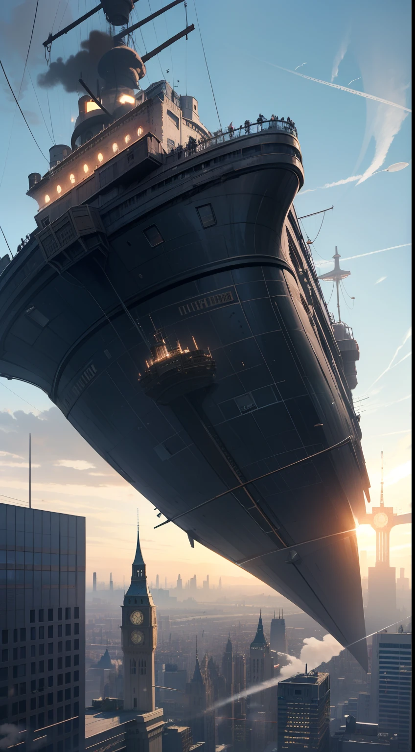 Flying battleship in the air,Air steam airship,Castle moving in the air,The cabin and bottom are inverted,With the sky and the city as the background,Middle Ages style,Ballista,Cyberpunk steam style