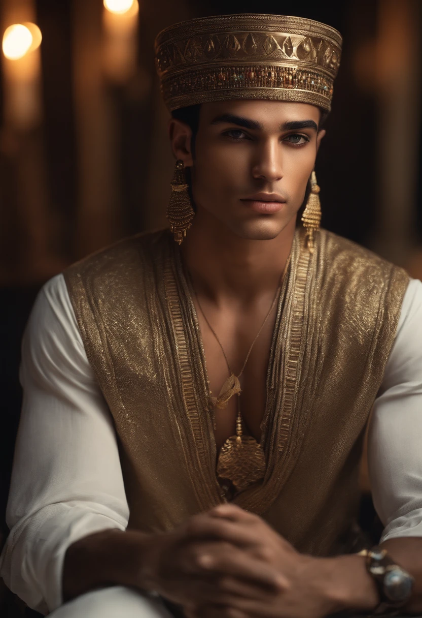A young man with Egyptian features, to modern clothing, aux yeux vert, sexy, Seductive, seductive look, Ultra realistic photo, 8k, Skin Details